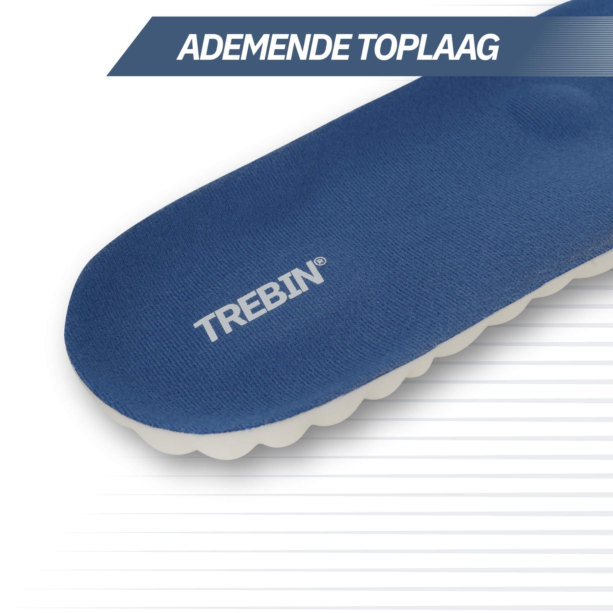 Soletta blu con il nome del marchio TREBIN e superficie traspirante.