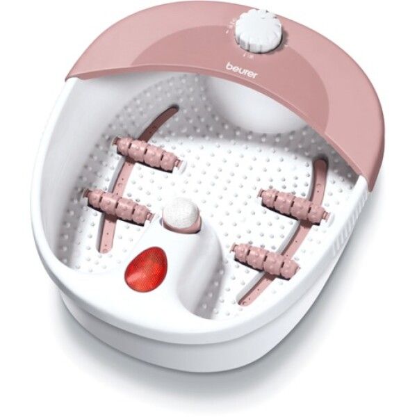 Idromassaggio per piedi, bianco-rosa. Parte superiore rosa, parte inferiore bianca. Manopola rotante, accessori massaggio, LED rosso. Marca: Beurer.