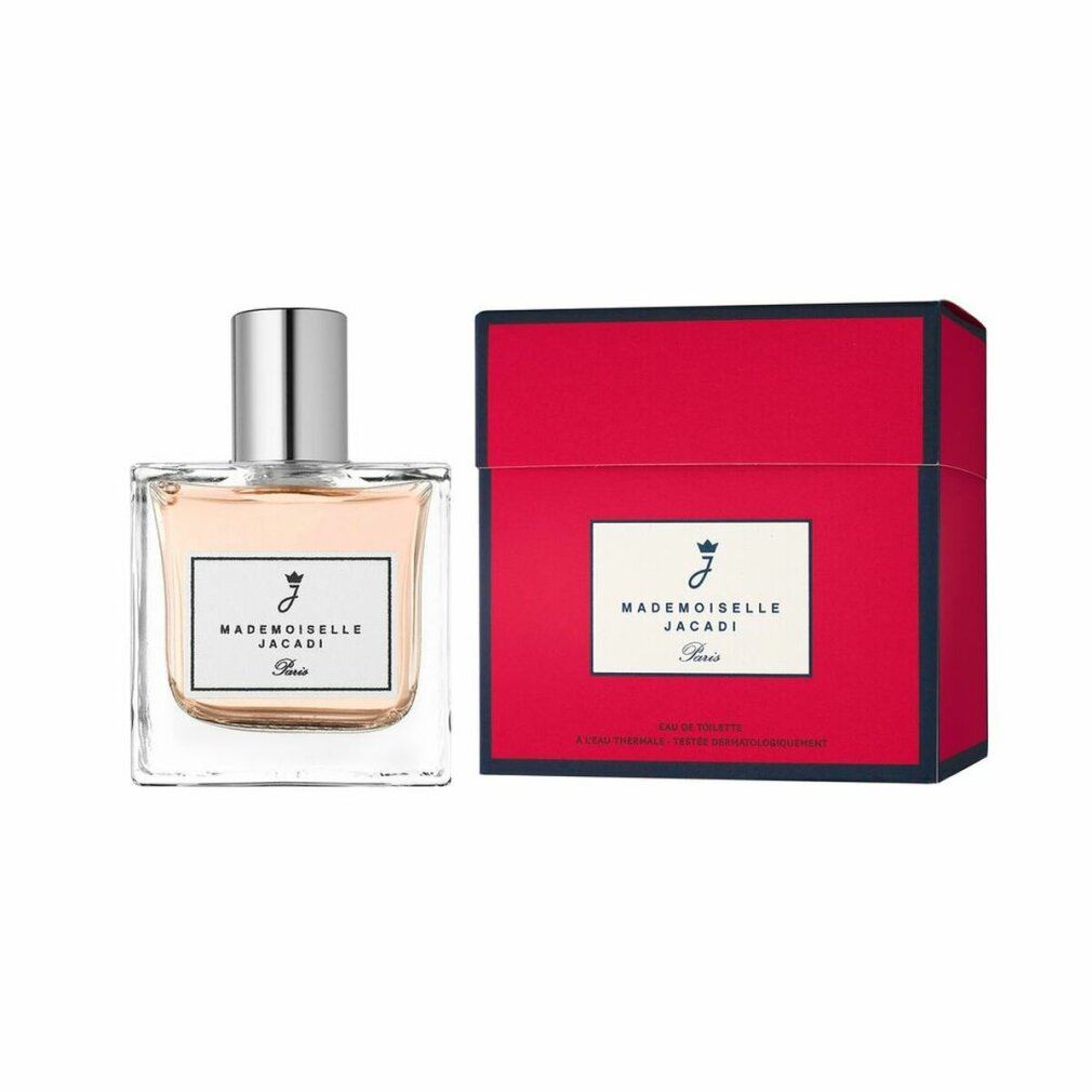 Jacadi Mademoiselle Eau de Toilette Spray. Flacone in vetro, tappo argentato. Scatola rossa, etichetta bianca.