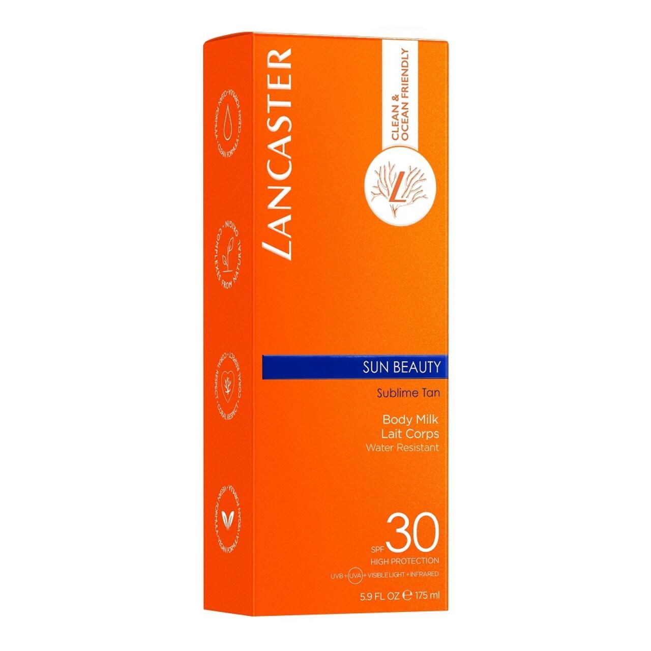 Scatola arancione con testo: Lancaster, Sun Beauty, Sublime Tan, Body Milk, Water Resistant, SPF 30, Clean & Ocean Friendly.