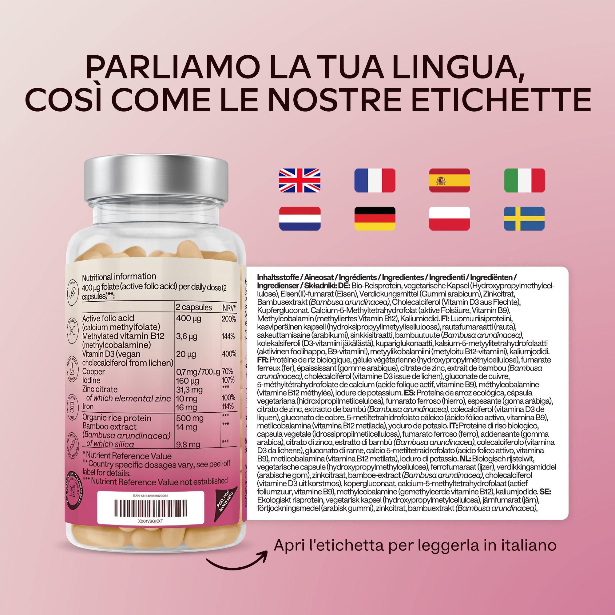 Capsule di acido folico Aavalabs. Capsule in una ciotola. Vegano, senza glutine, senza conservanti.