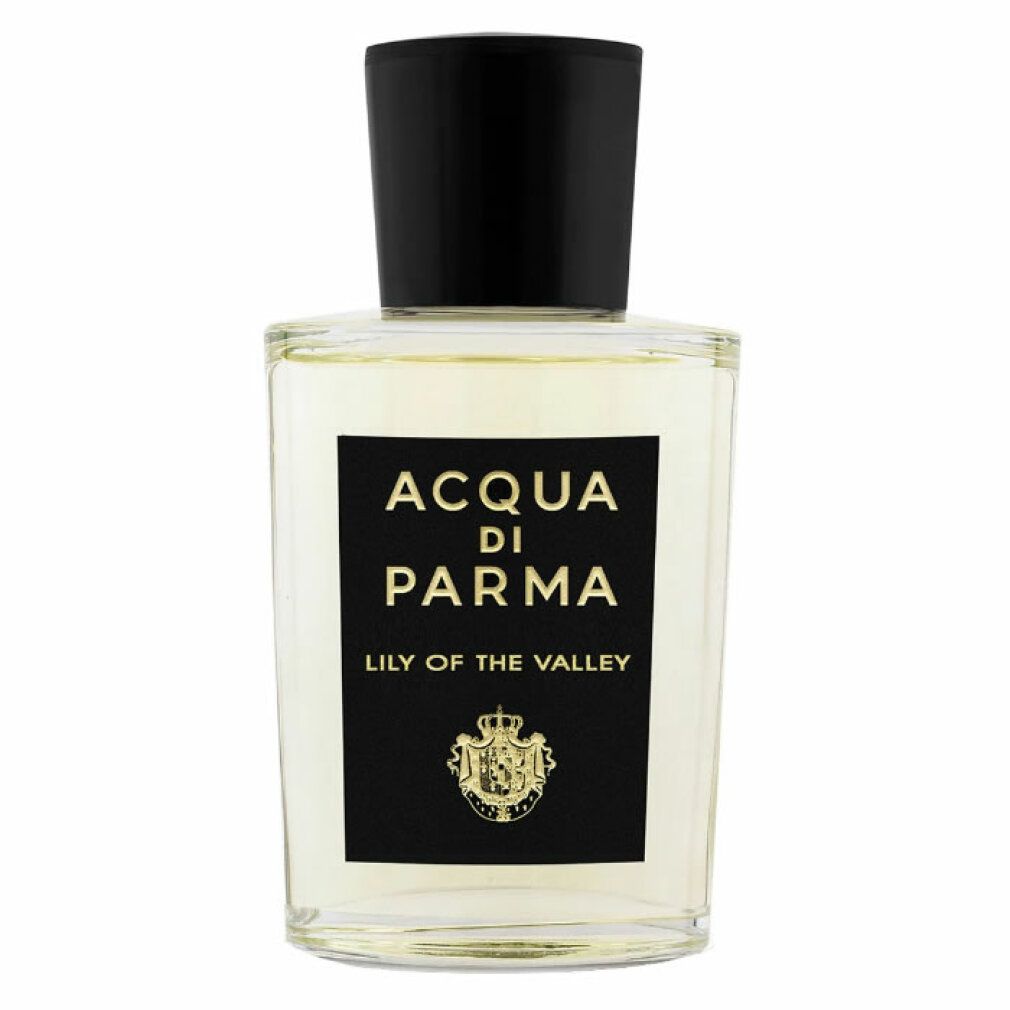 Flacone di profumo con tappo nero. Su etichetta nera: Acqua di Parma, Lily of the Valley. Logo dorato.