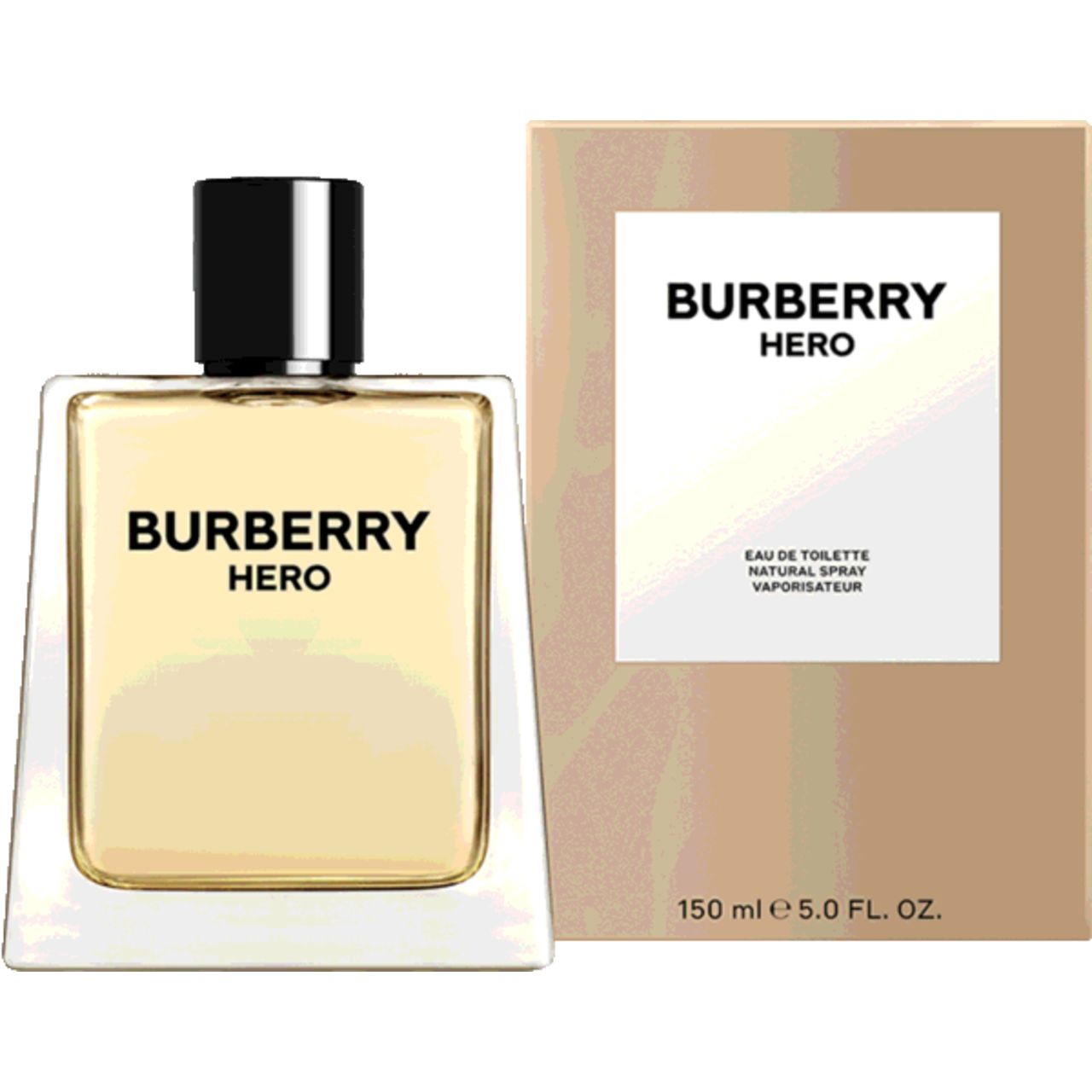 Burberry Hero E.d.T. Nat. Spray. Flacone e confezione. Scritta: BURBERRY HERO. Volume: 150 ml.