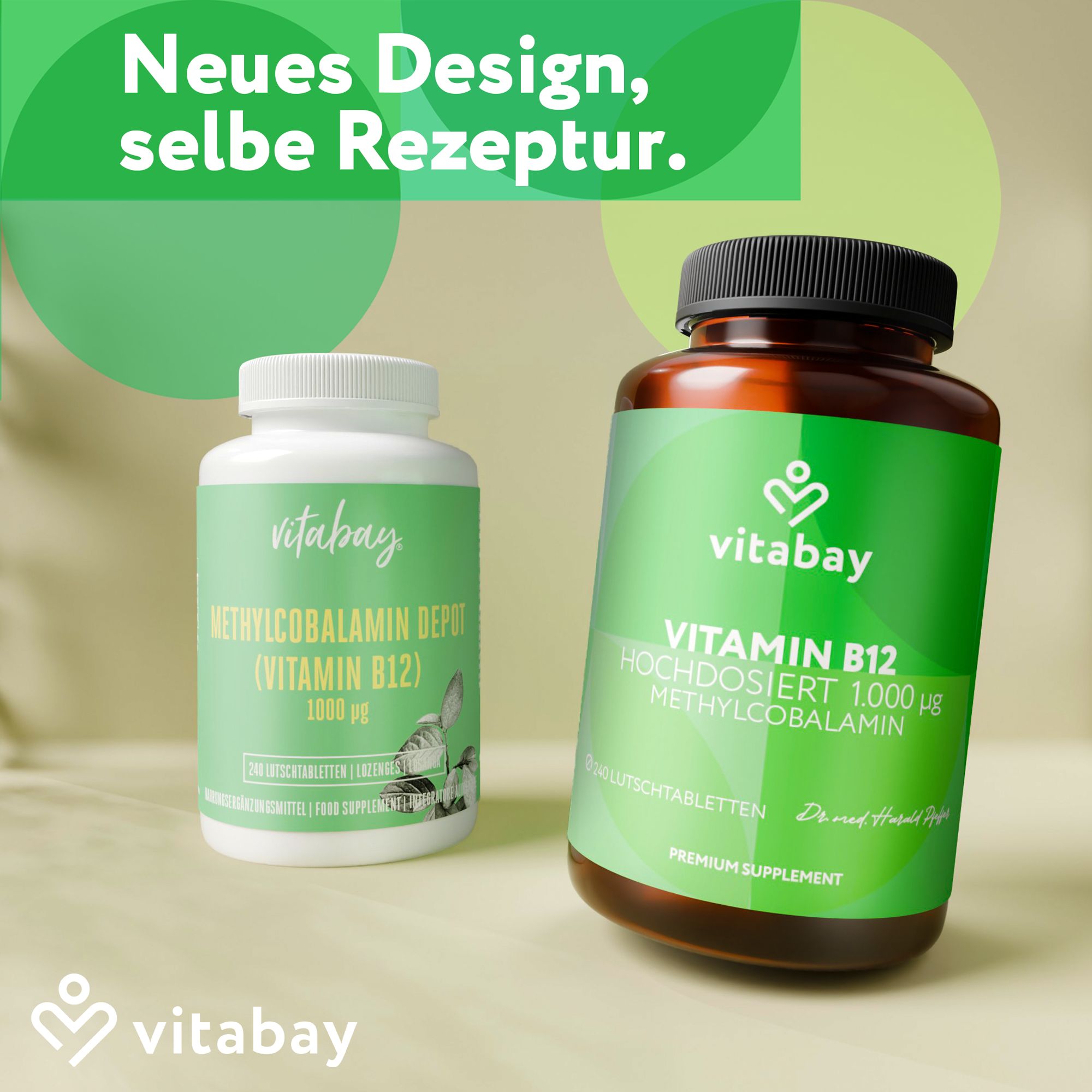 Vitabay Vitamina B12 Depot 1000 mcg, flacone e confezione. Nuovo design, stessa ricetta.