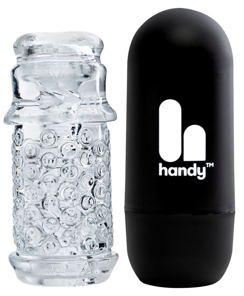 Manicotto trasparente testurizzato accanto a un cappuccio nero con il logo 'handy'.