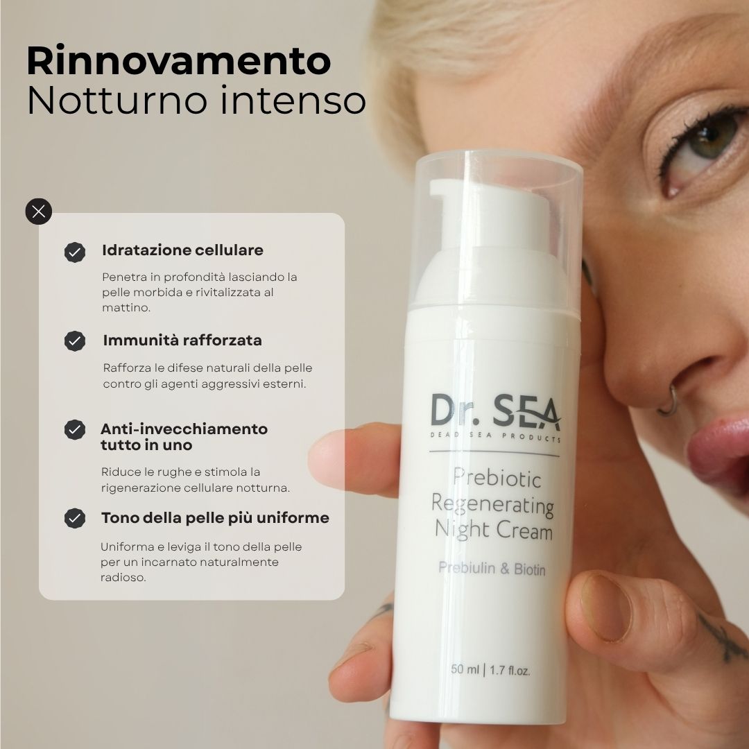Donna che tiene in mano un flacone di crema. Testo: Idratazione cellulare, Immunità rafforzata, Anti-invecchiamento, Tono della pelle più uniforme.