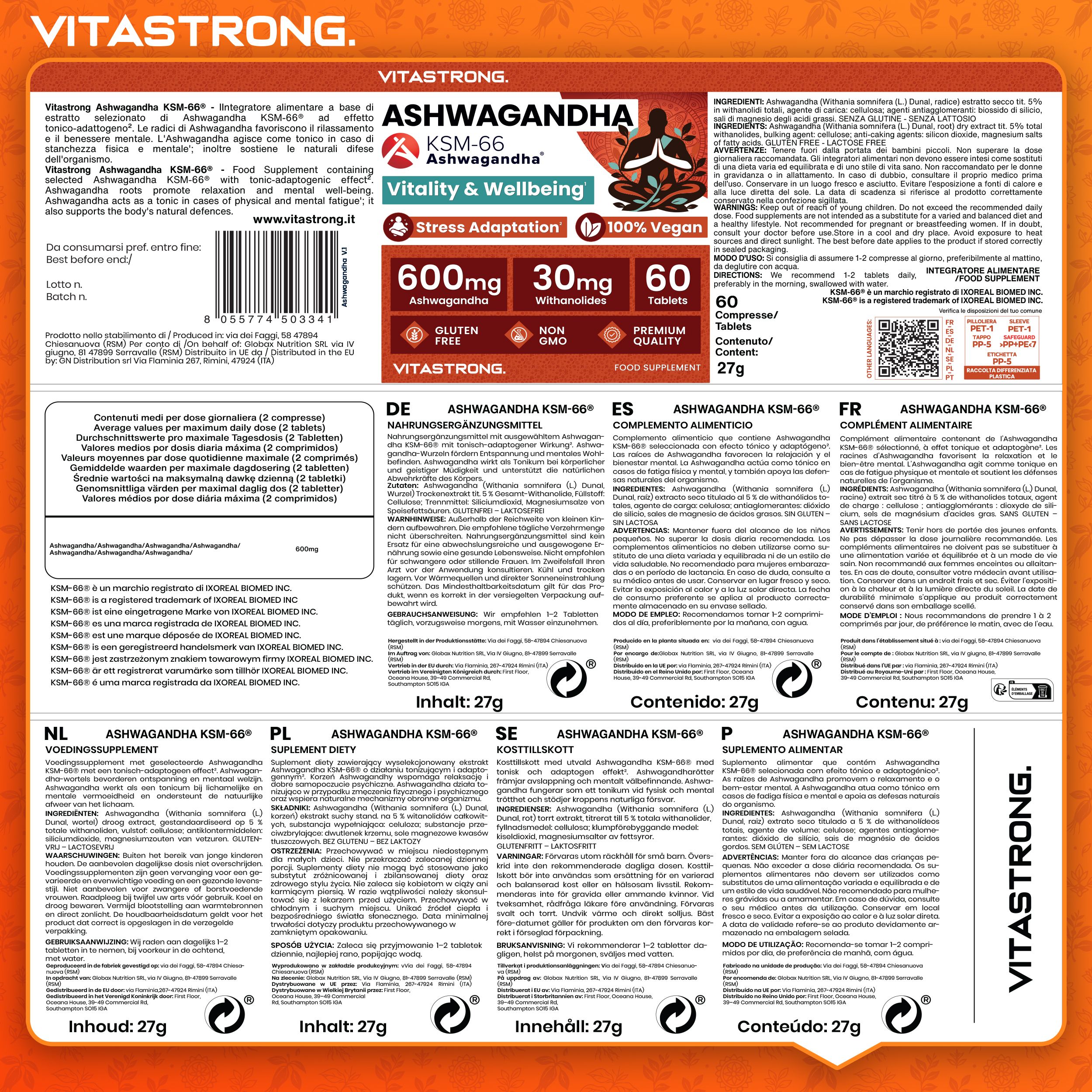 Retro della confezione Vitastrong Ashwagandha KSM-66. Testo in diverse lingue. 60 compresse.