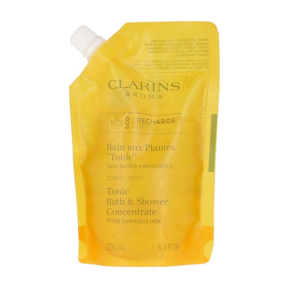 Ricarica gialla. Testo: Clarins Aroma, Tonic Bath & Shower Concentrate. Con oli essenziali. 200 ml.