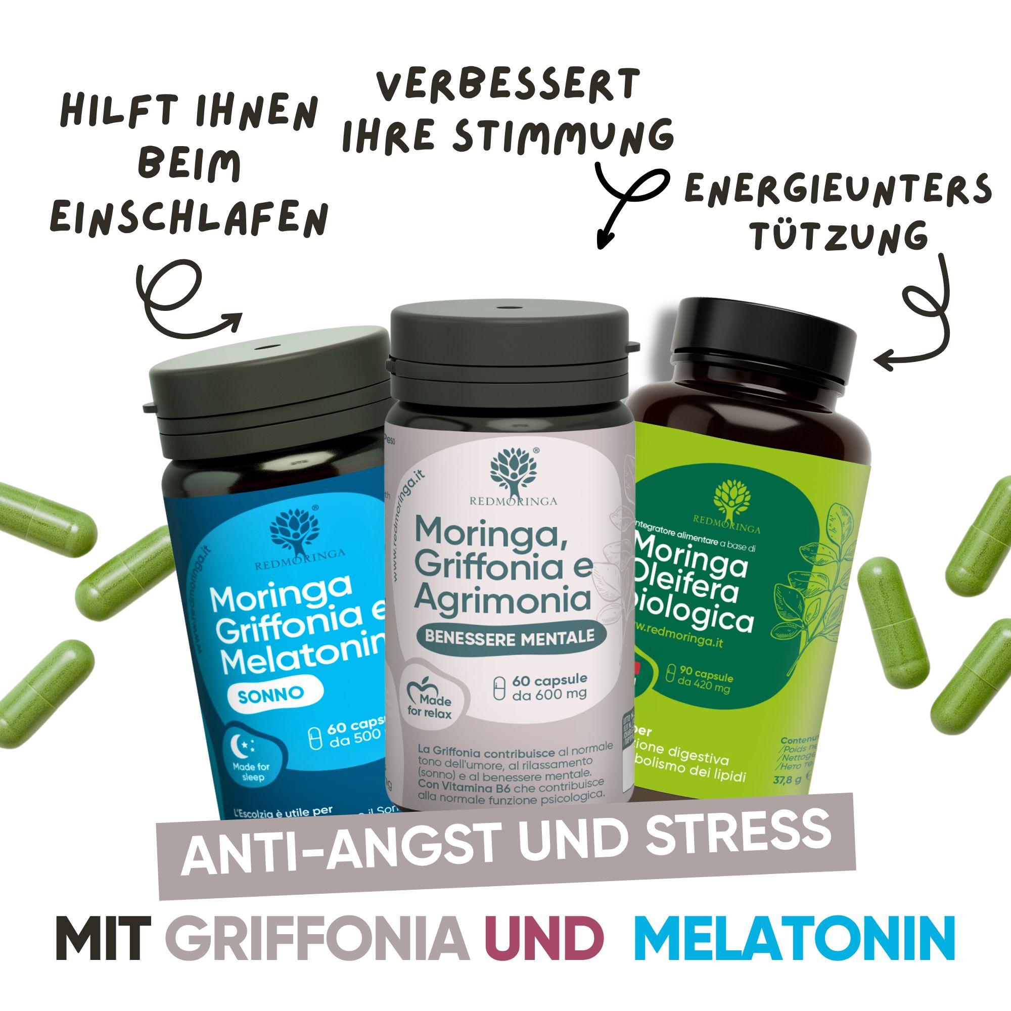 Tre flaconi RedMoringa: Melatonina, Griffonia/Agrimonia, Bio Moringa Oleifera. Capsule e testo.