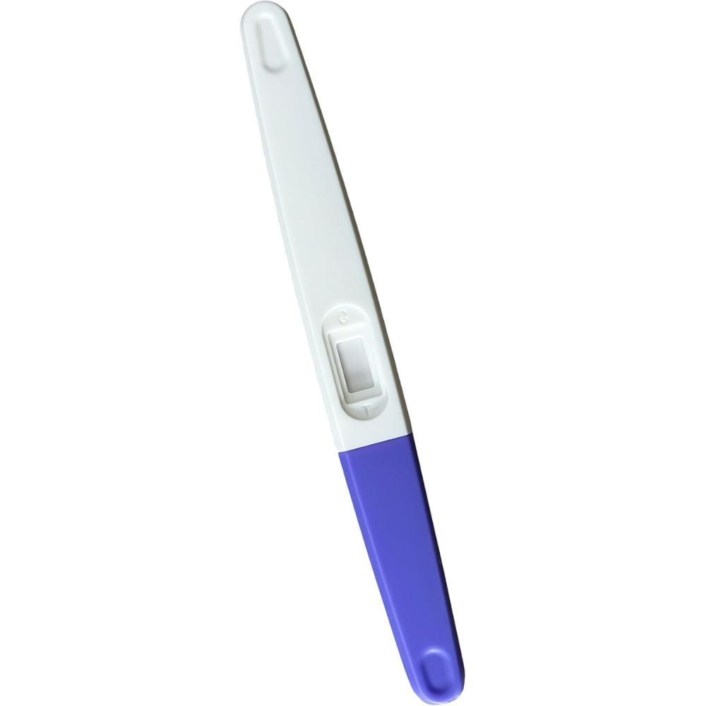 Striscia reattiva hCG, bianca e viola. Due aree. Per urina. Plastica. Marchio CE.