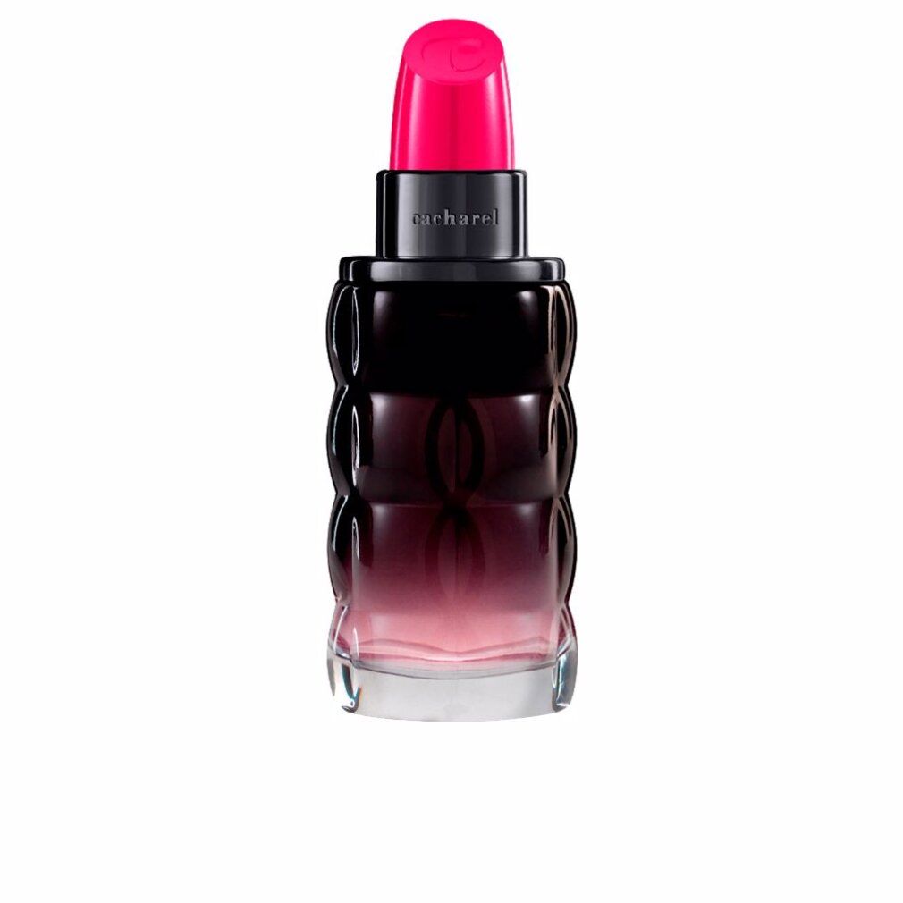 Flacone di profumo rosa e nero. Il flacone ha la forma di un rossetto e riporta la scritta "Cacharel".