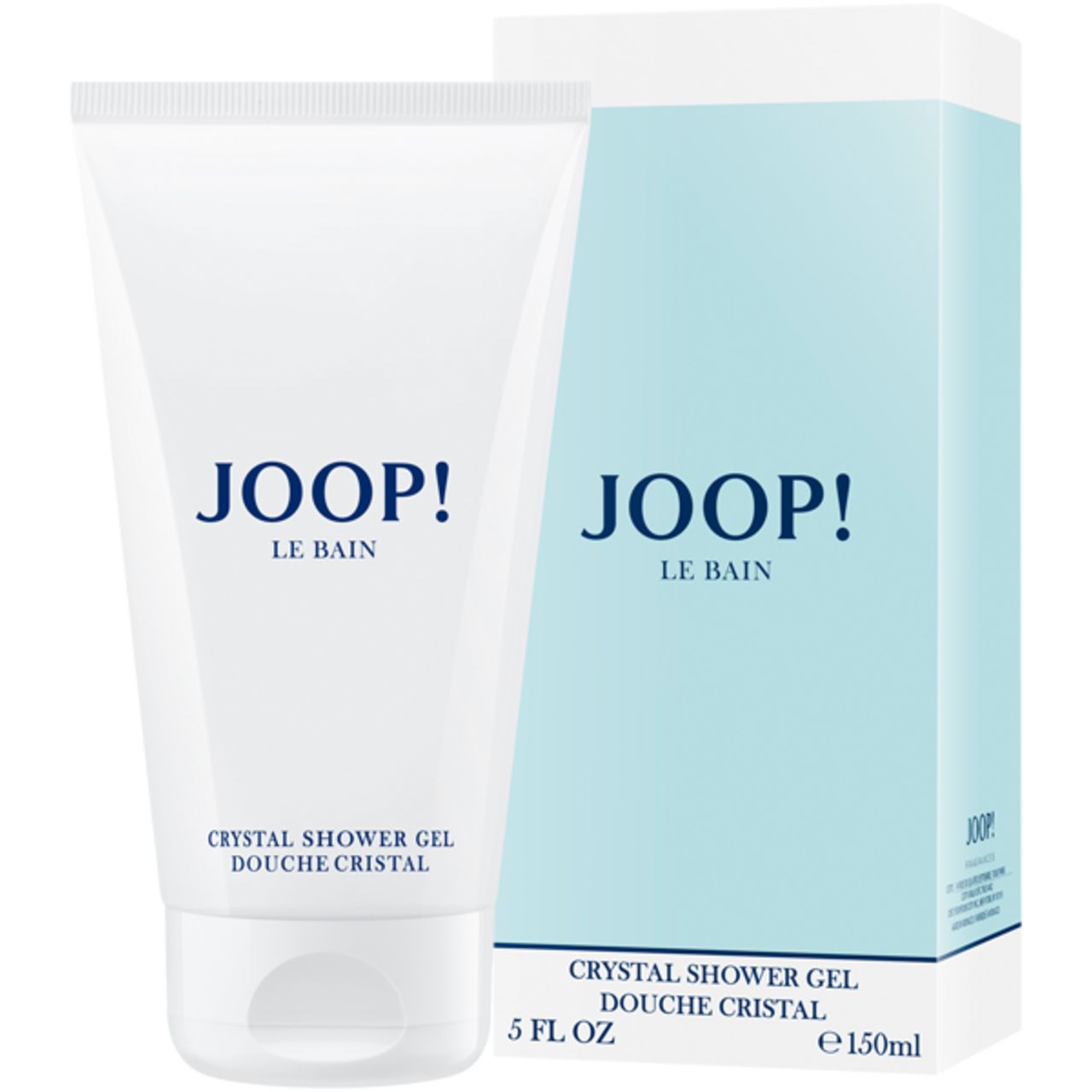 Tubo bianco e scatola azzurra. Entrambi con logo JOOP! Le Bain e scritta "Crystal Shower Gel Douche Cristal".
