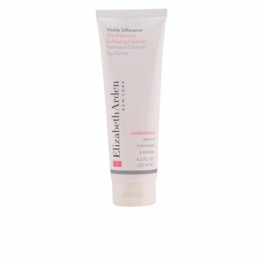 Tubo bianco con nome del prodotto e del marchio. Testo: Visible Difference, Skin Balancing, Exfoliating Cleanser. Marchio: Elizabeth Arden.