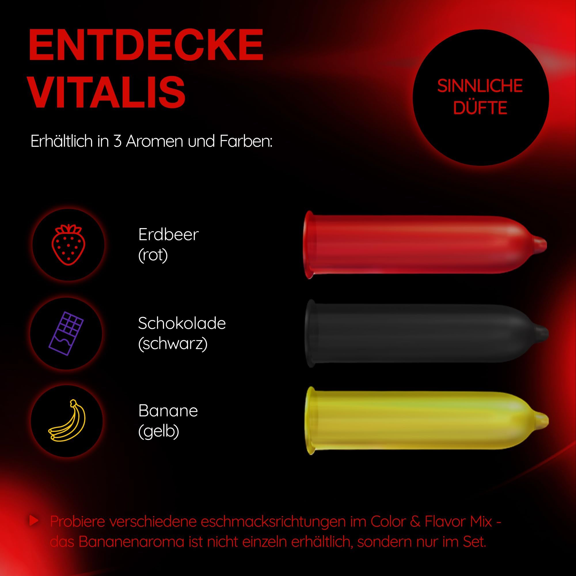 Preservativi Vitalis Rossi (Fragola), Neri (Cioccolato), Gialli (Banana). Profumi sensuali.