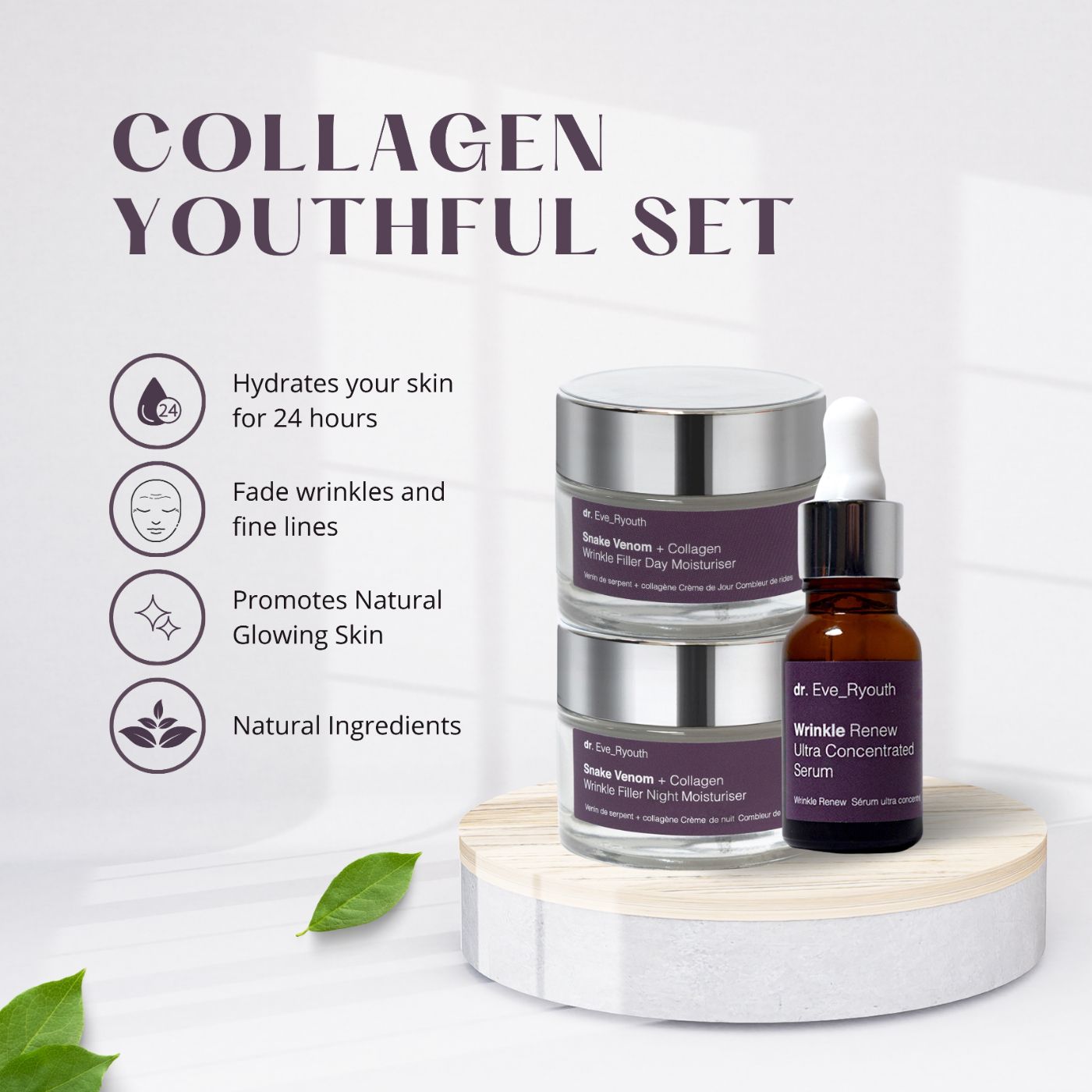 Set anti-età con due vasetti di crema e un flacone di siero. Scritta: Dr. Eve_Ryouth. Testo: Collagen Youthful Set. Vantaggi: idratazione, rughe.