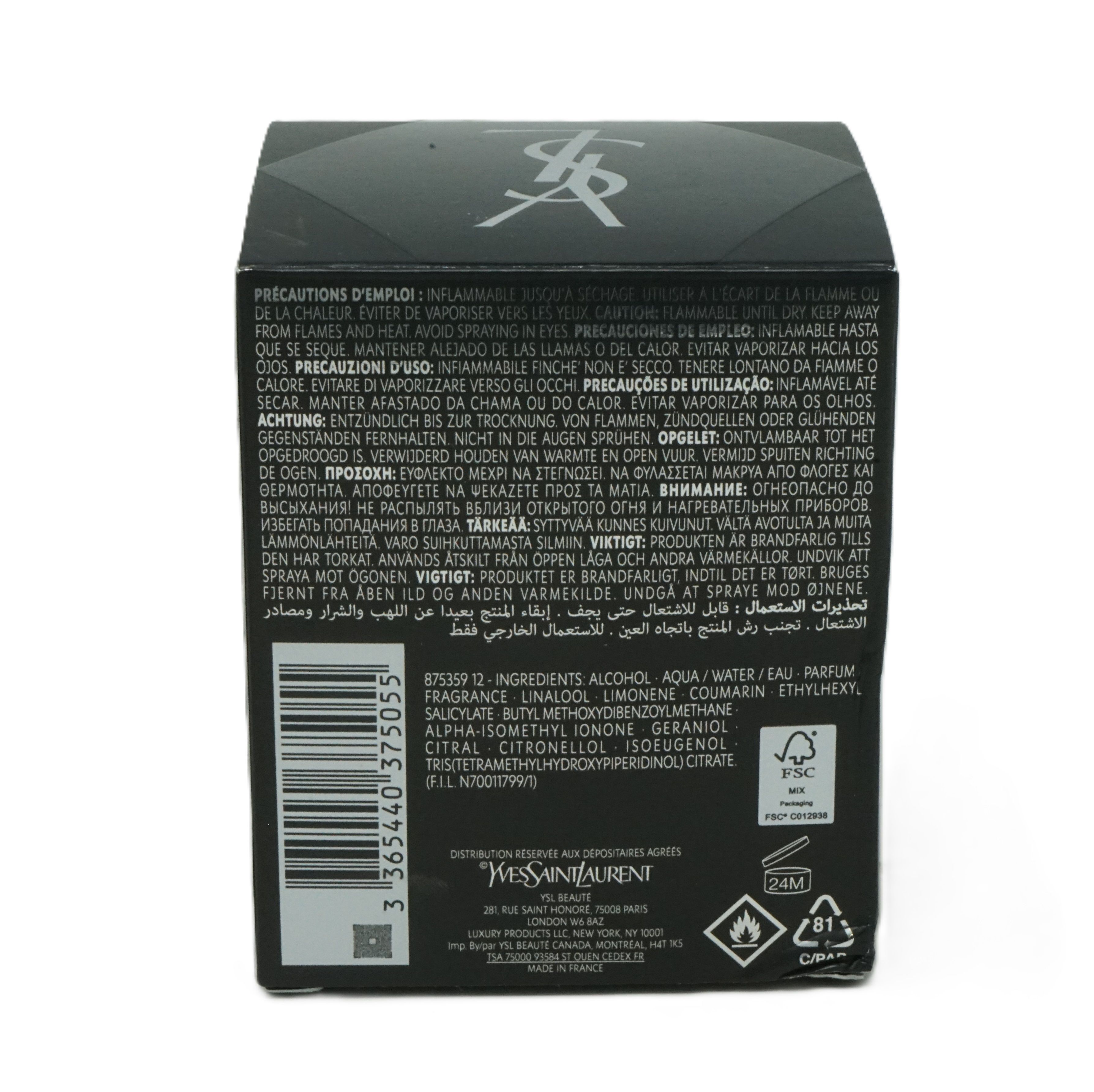 Retro della confezione nera. Testo multilingue. Ingredienti e avvertenze. Logo: YSL. Certificazione FSC.