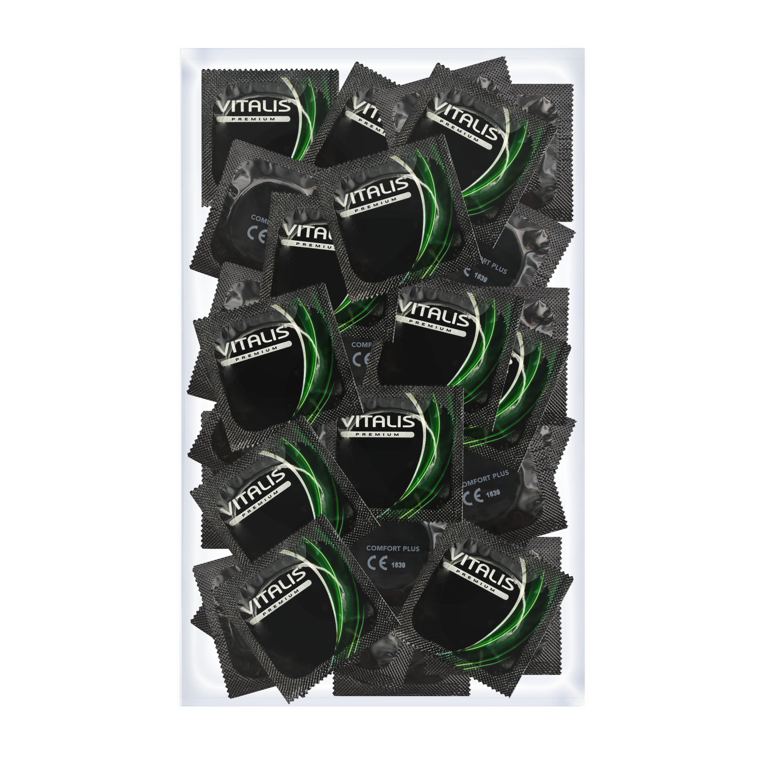 Preservativi Vitalis PREMIUM Comfort Plus, 100 pezzi. Confezionati singolarmente, trasparenti, con serbatoio.