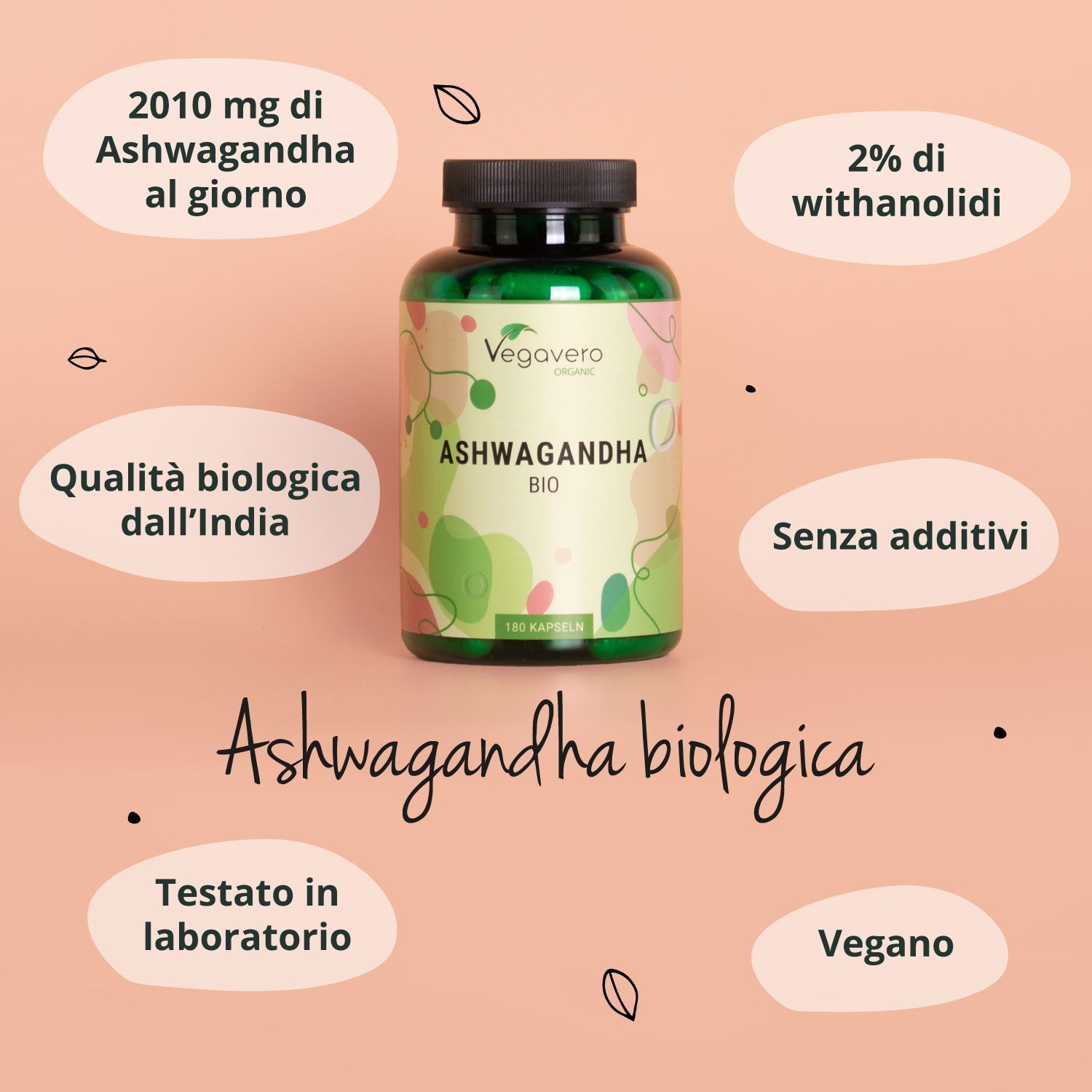 Flacone con testo: 2010 mg Ashwagandha al giorno, qualità bio, senza additivi, vegano.