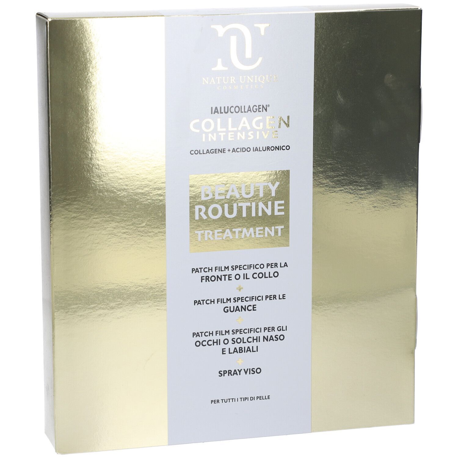 Scatola dorata con fascia bianca. Testo: Natur Unique, Ialucollagen Collagen Intensive, Beauty Routine Treatment.