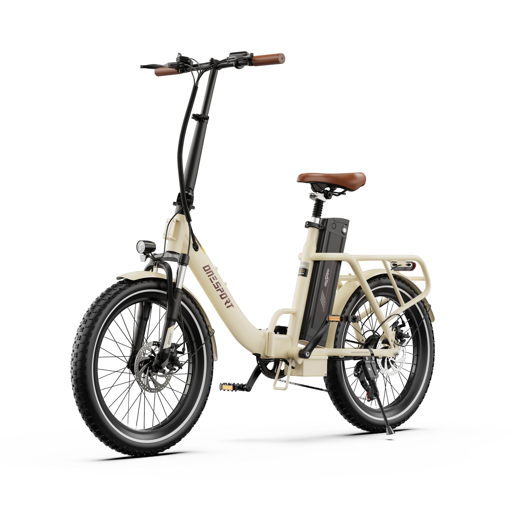 Bicicletta elettrica beige, sella e manubrio marroni. Pneumatici neri, portapacchi e batteria.