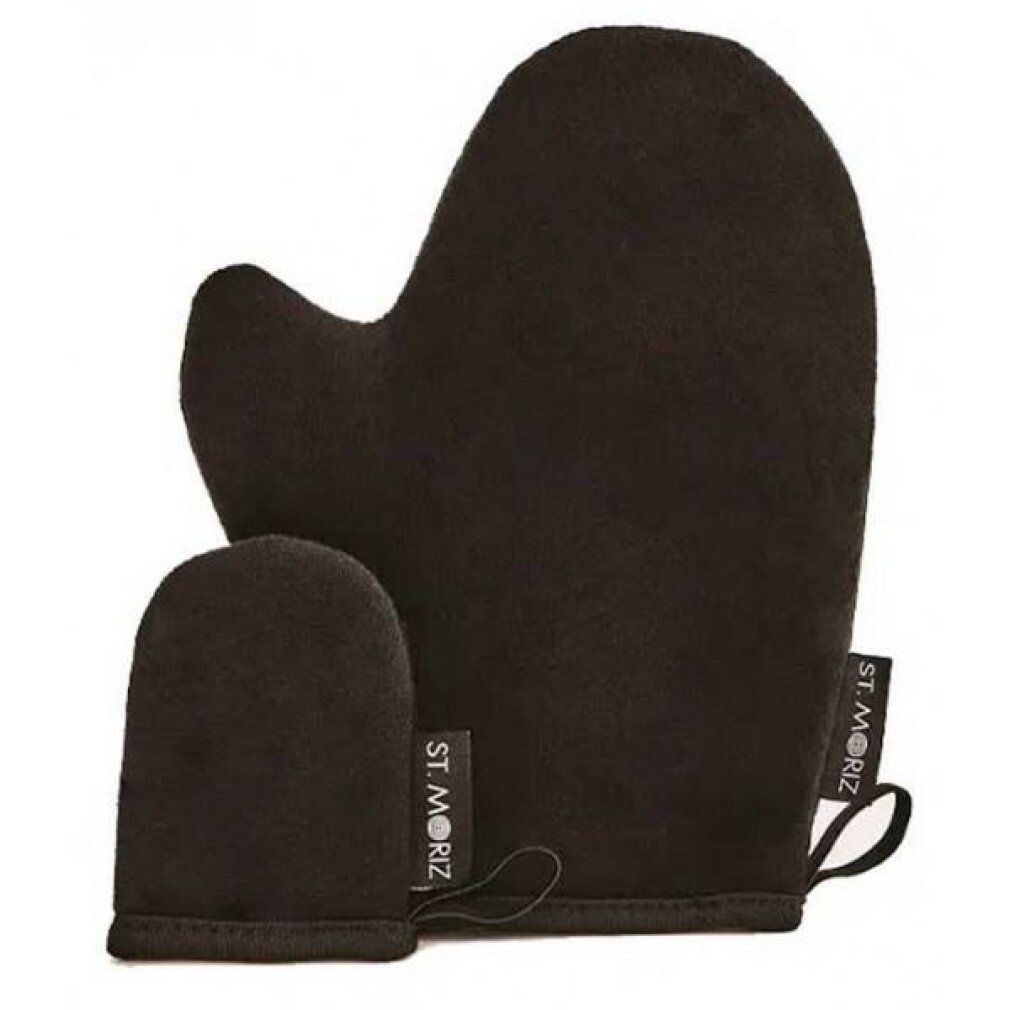 Due guanti neri: uno grande per il corpo, uno piccolo per il viso. Con etichetta: St. Moriz.