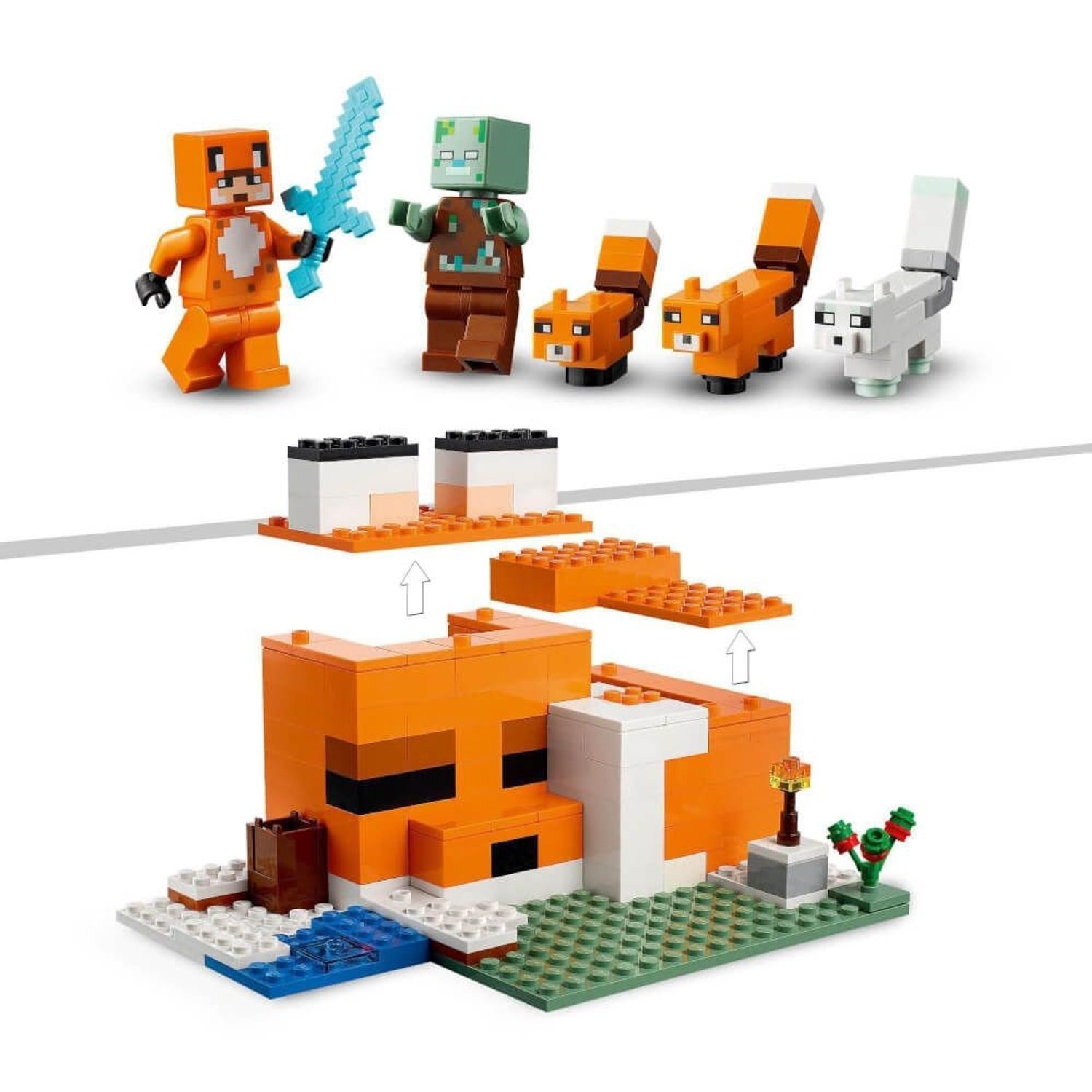 LEGO Minecraft 21178. Edificio arancione e bianco. Personaggi: volpe, zombie, volpi, volpe bianca. Pezzi da assemblare.