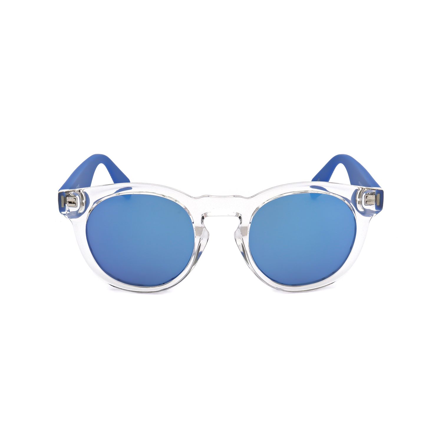 Occhiali da sole trasparenti con lenti rotonde blu a specchio e terminali delle aste blu.