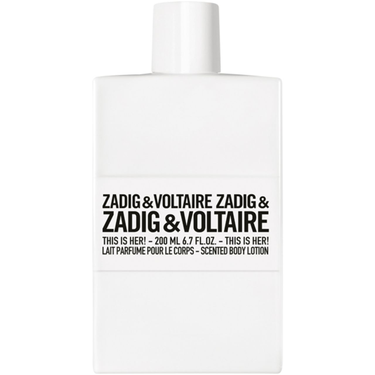 Flacone bianco con scritta Zadig & Voltaire. This is Her! Latte corpo profumato. 200 ml.