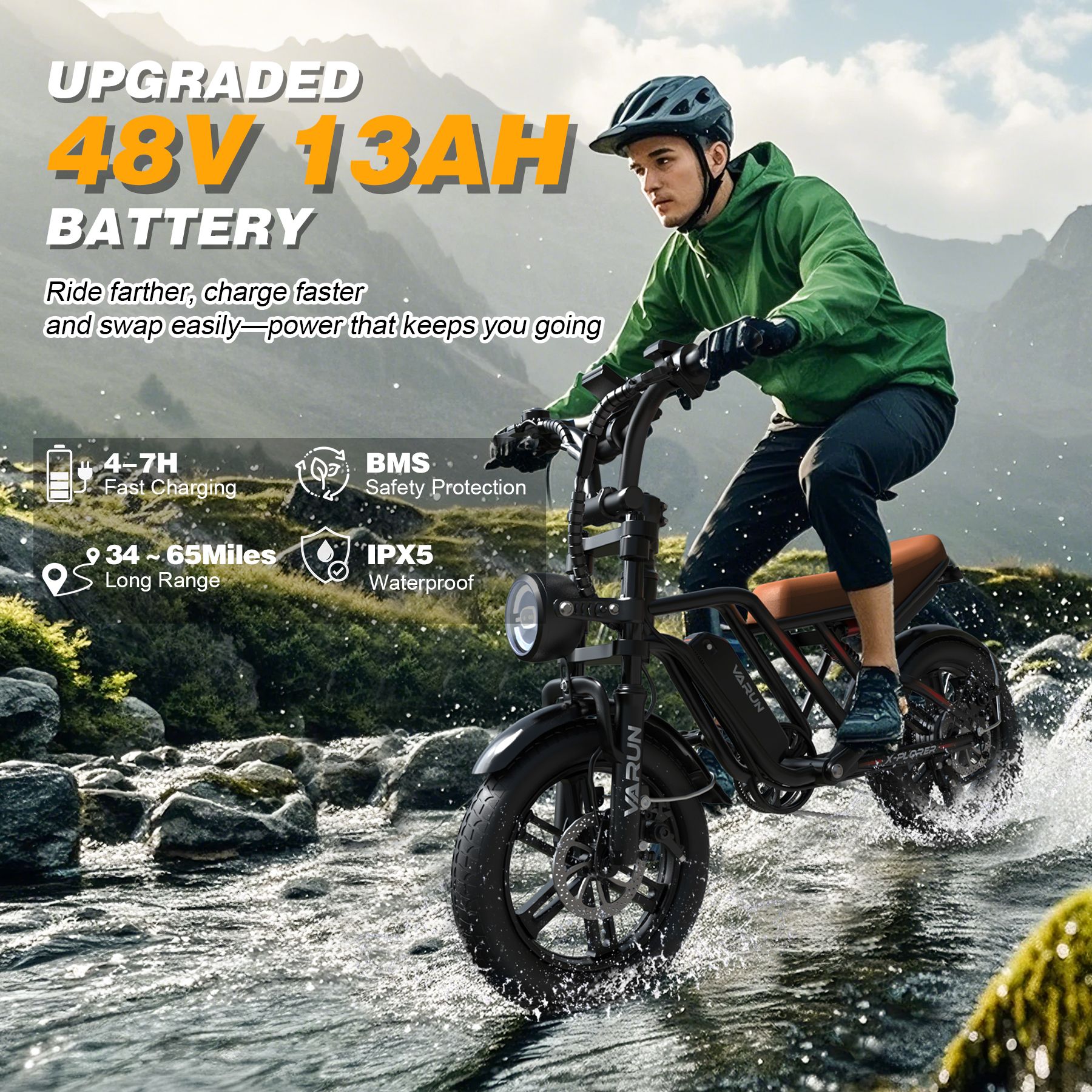 E-bike VARUN X-Plorer in azione nell'acqua. Testo: Upgraded 48V 13AH Battery, 4-7H Fast Charging, 34-65 Miles Long Range.