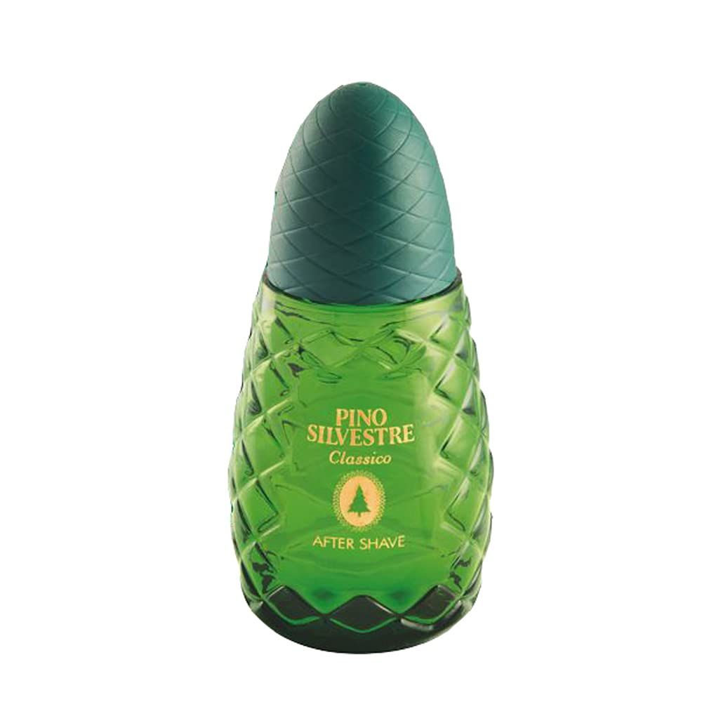 Flacone di vetro verde con tappo verde. Scritta: Pino Silvestre Classico After Shave. Flacone a forma di ananas.