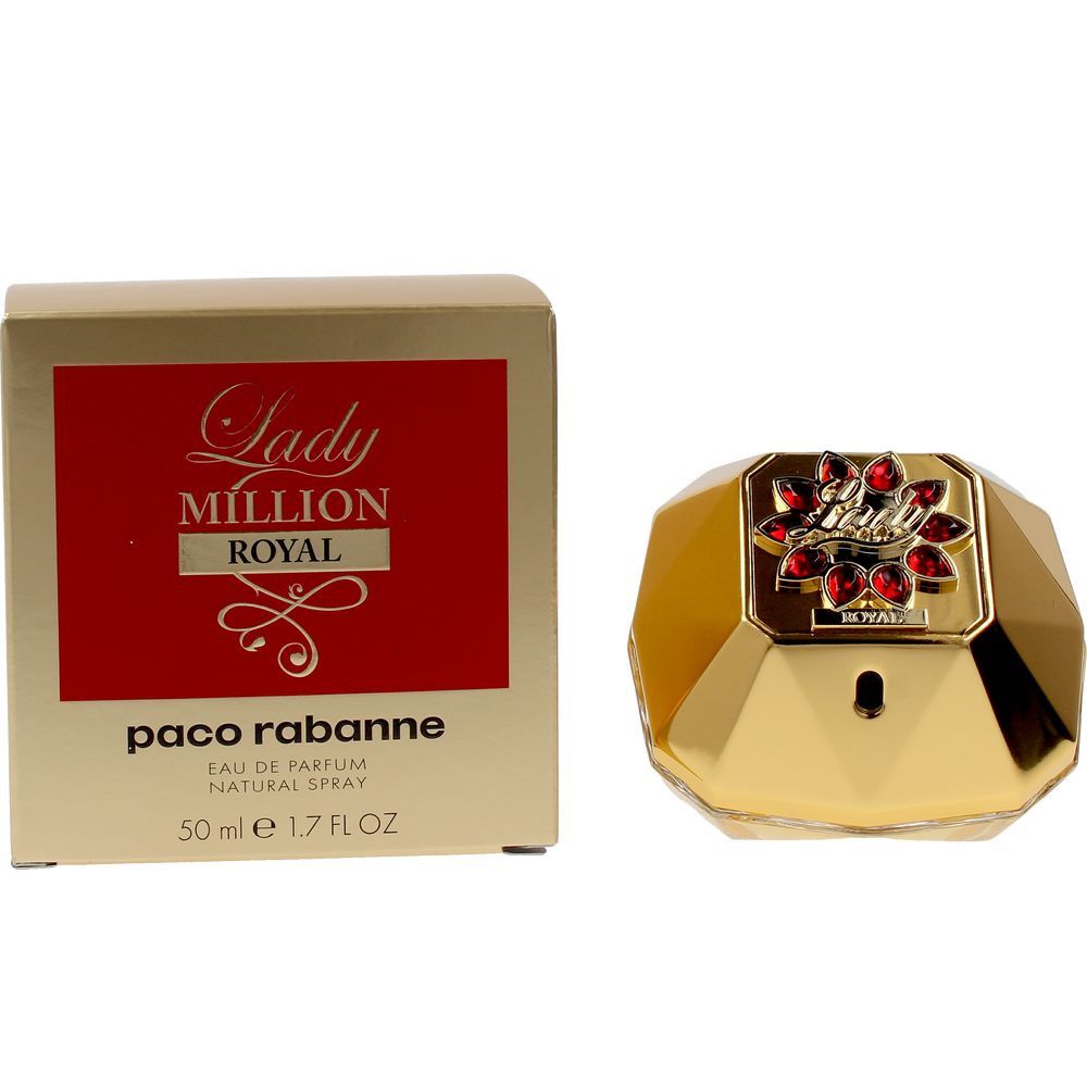 Flacone e confezione dorati. Flacone con tappo rosso. Scritta: Lady Million Royal, Paco Rabanne.