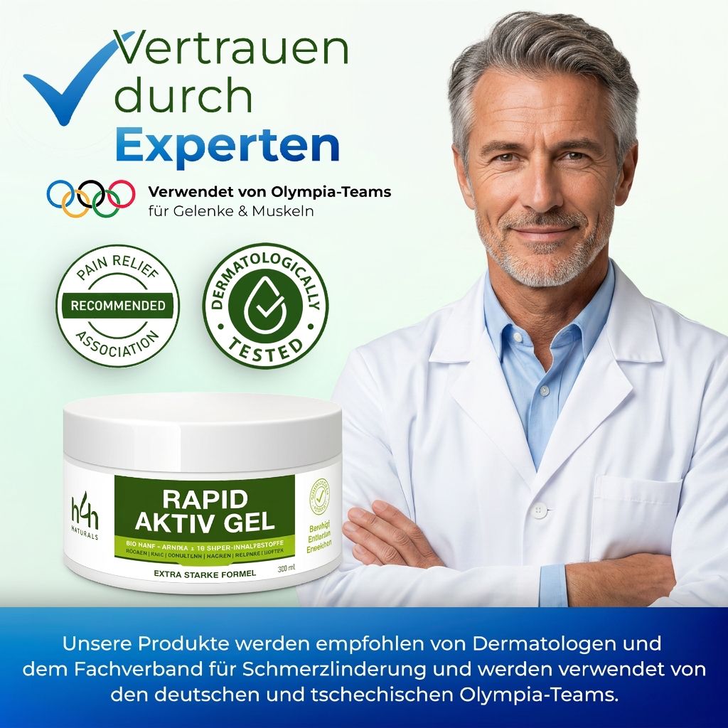 Uomo in camice da medico accanto a un vasetto H4H Naturals Rapid Aktiv Gel. "Fiducia dagli esperti" e anelli olimpici.