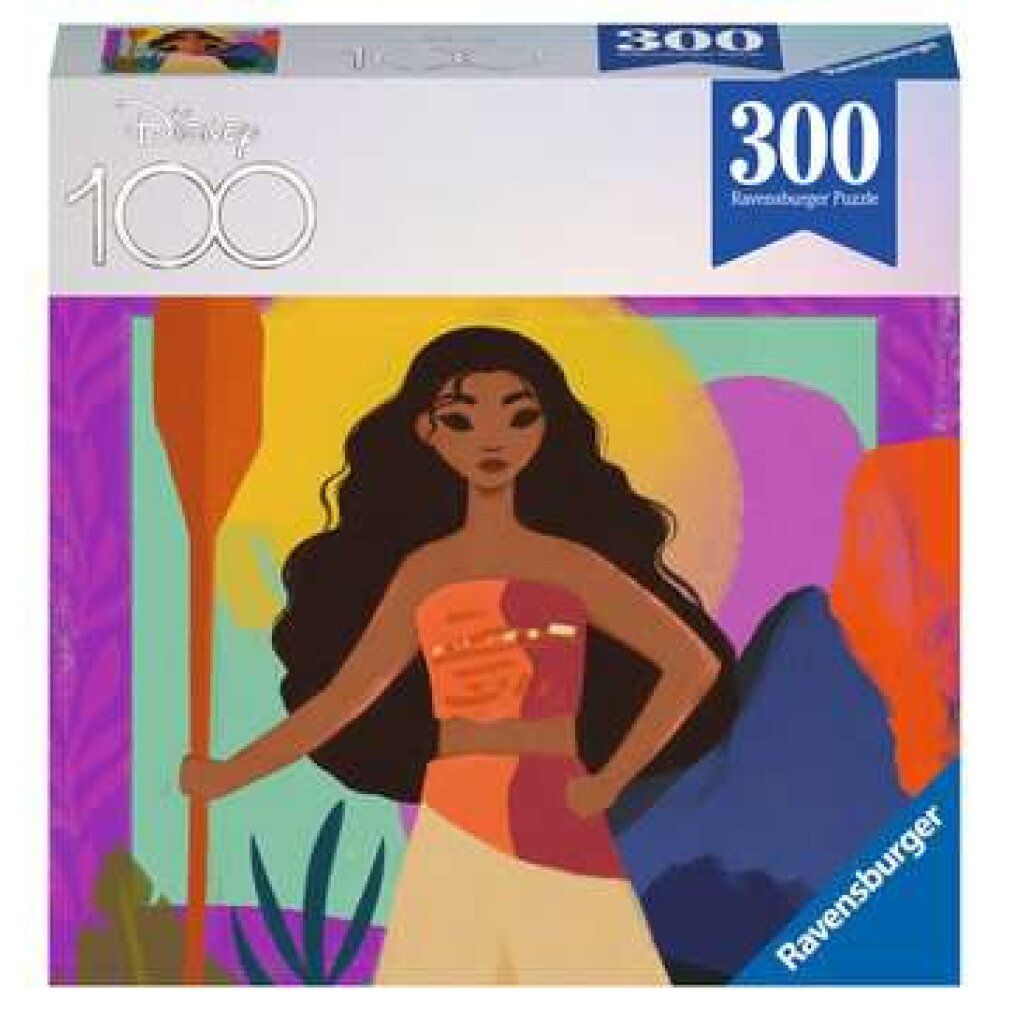 Confezione puzzle Moana. Sopra, "300 Ravensburger Puzzle". Logo "Disney 100". Moana con una pagaia.