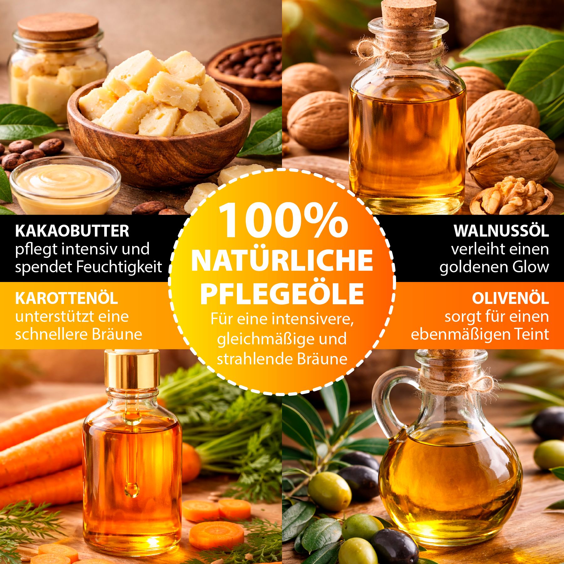 Vari oli in piccole bottiglie e ciotole. Testo: 100% OLI NATURALI PER LA CURA. Ingredienti: burro di cacao, olio di carota, olio di noci, olio d'oliva.