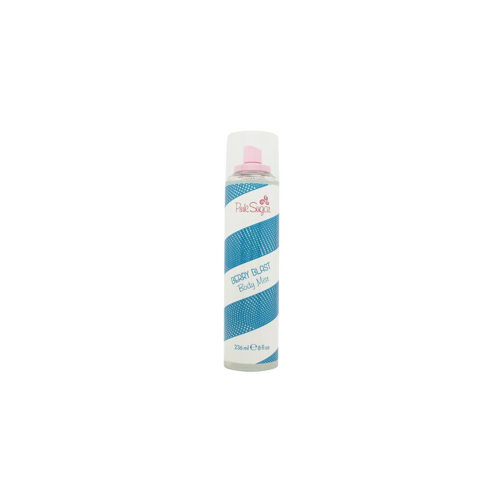 Spray corpo a strisce blu e bianche. Testina rosa. Testo: Pink Sugar, Berry Blast, Body Mist.