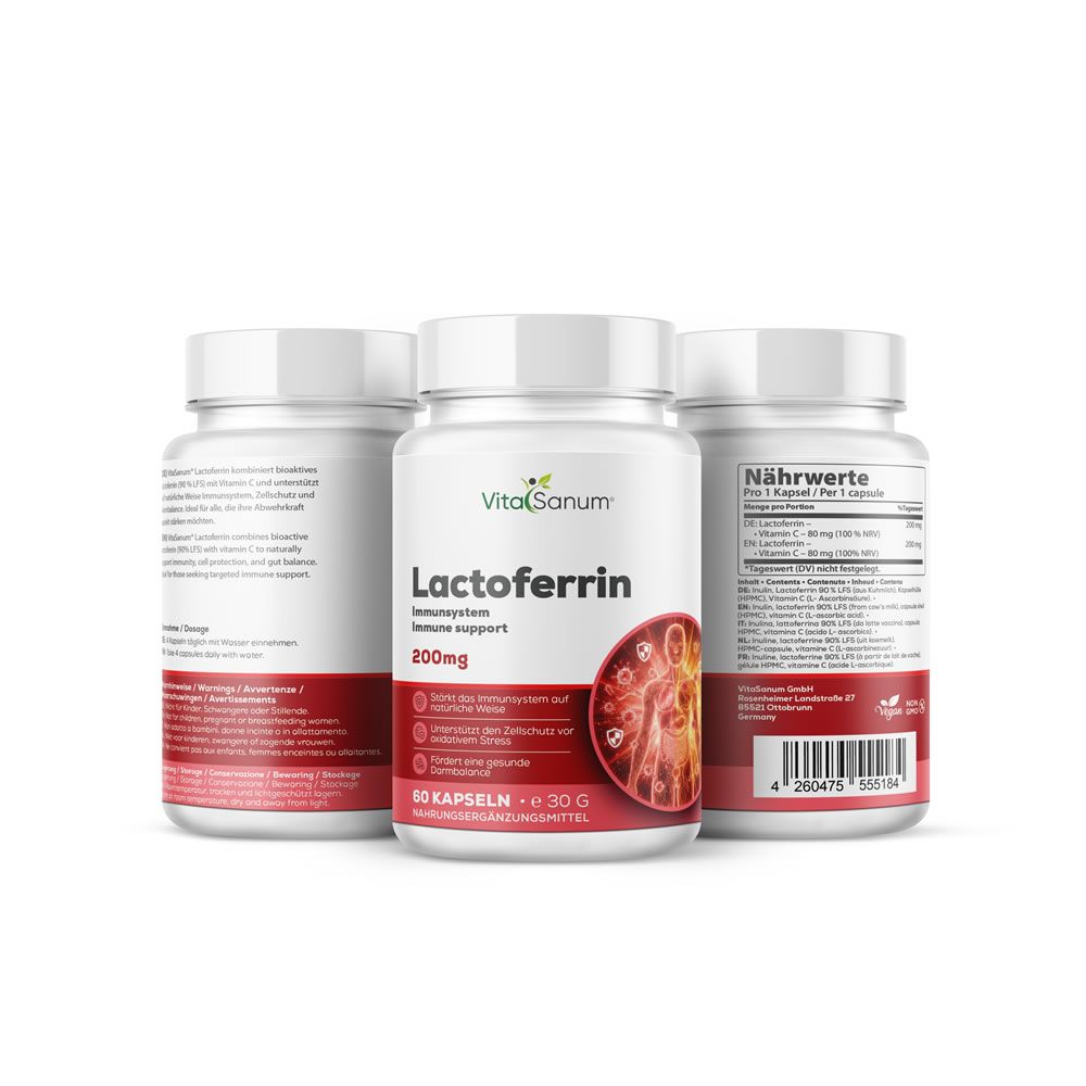 Tre contenitori VitaSanum Lactoferrin, bianchi con etichetta rossa, 60 capsule, 30g.