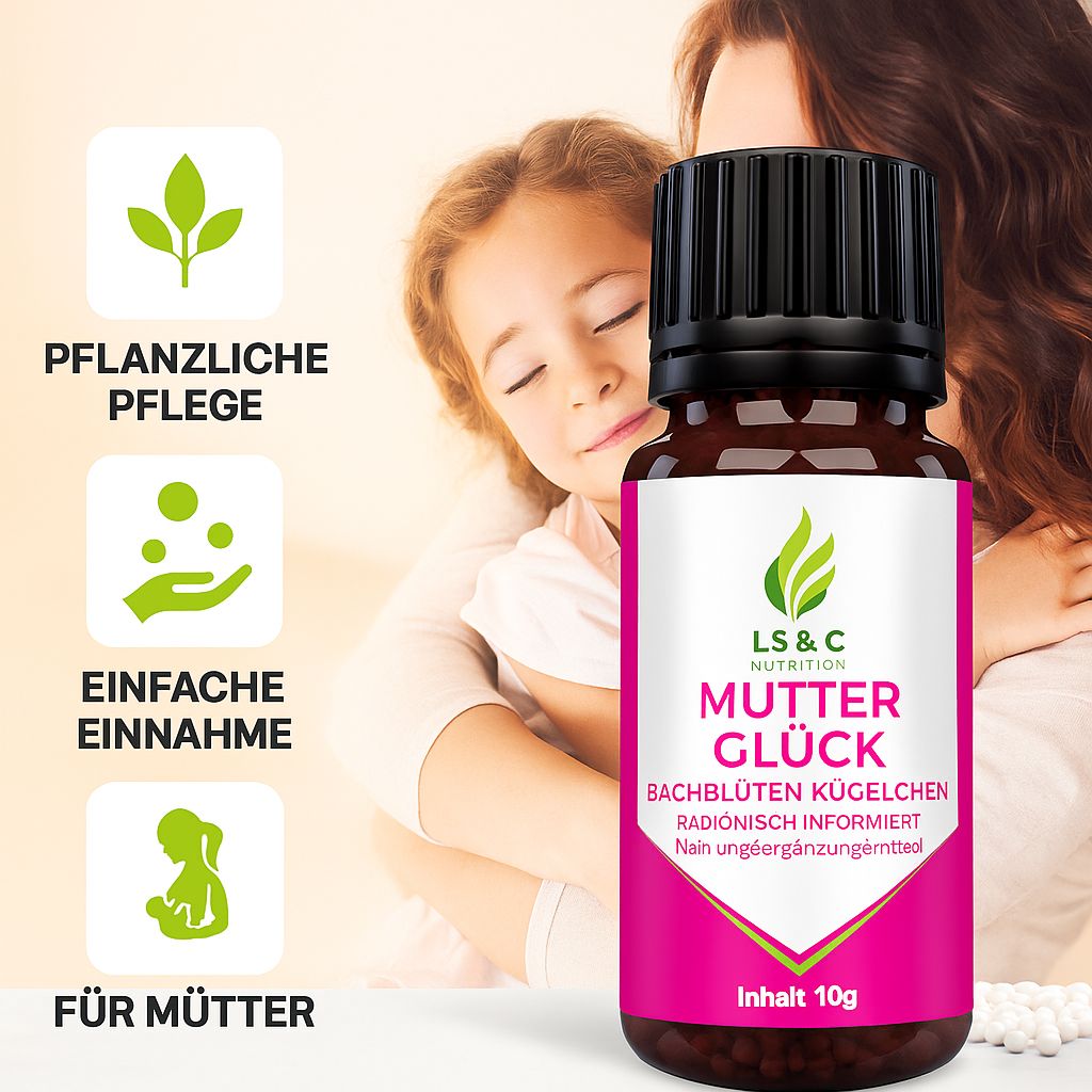 Flacone di vetro marrone con tappo nero ed etichetta rosa. Scritta: LS & C Nutrition, Mutterglück, Bachblüten Kügelchen. Madre e bambino sullo sfondo.