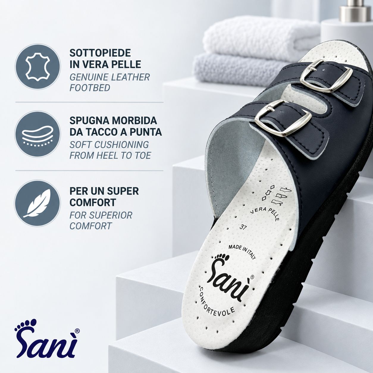 Sandalo blu scuro da donna con doppia fibbia regolabile, ammortizzazione morbida e suola antiscivolo.