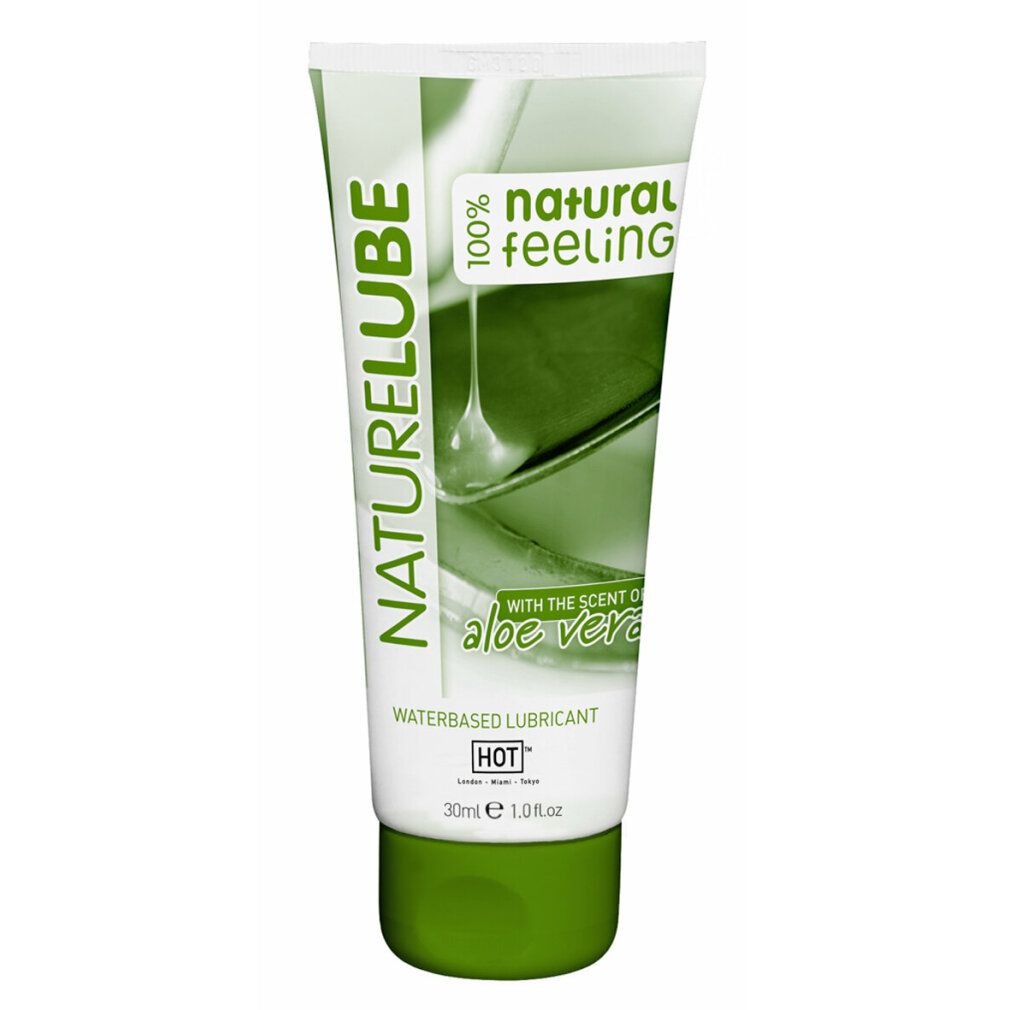 Tubo "NATURELUBE" con aloe vera, tappo verde. Scritta "WATERBASED LUBRICANT" e "ALOE VERA".