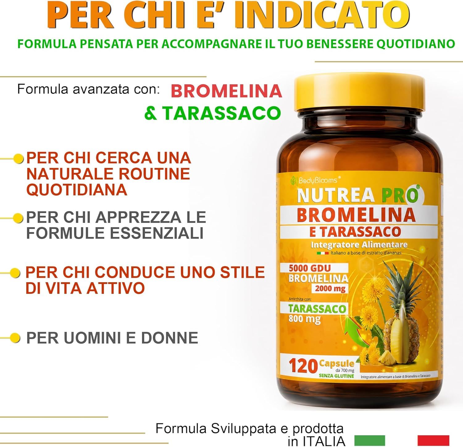 Flacone da 120 capsule di Bromelina e Tarassaco.