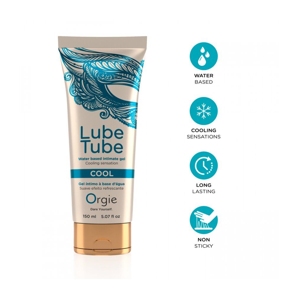 Tubo Lube Tube Cool. Testo: Water based intimate gel. Marchio: Orgie. Tappo dorato. Pittogrammi: a base d'acqua, rinfrescante, lunga durata, non appiccicoso.