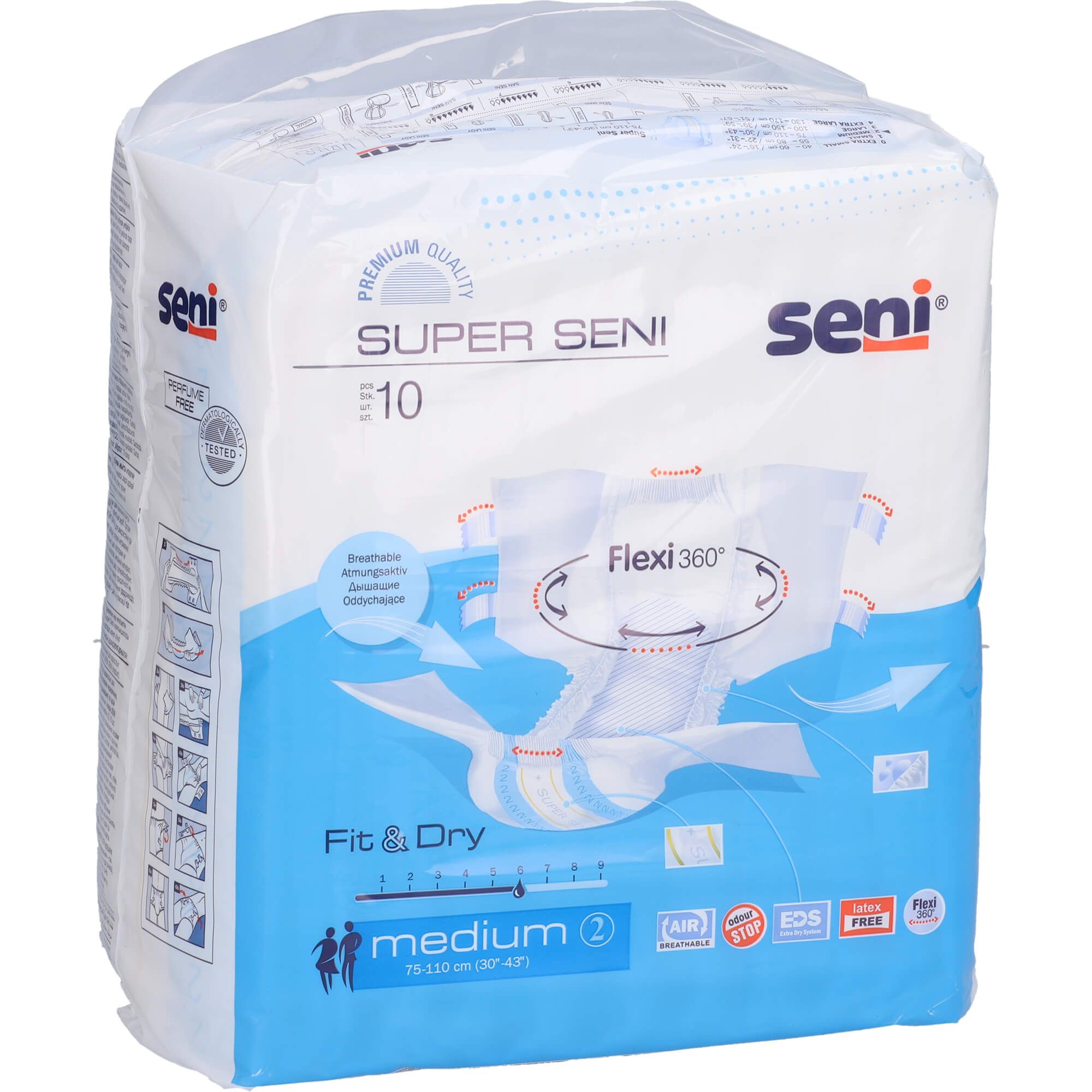 Confezione di pannolini Super Seni. Scritte: Super Seni, medium, Flexi 360, Fit & Dry, traspirante.