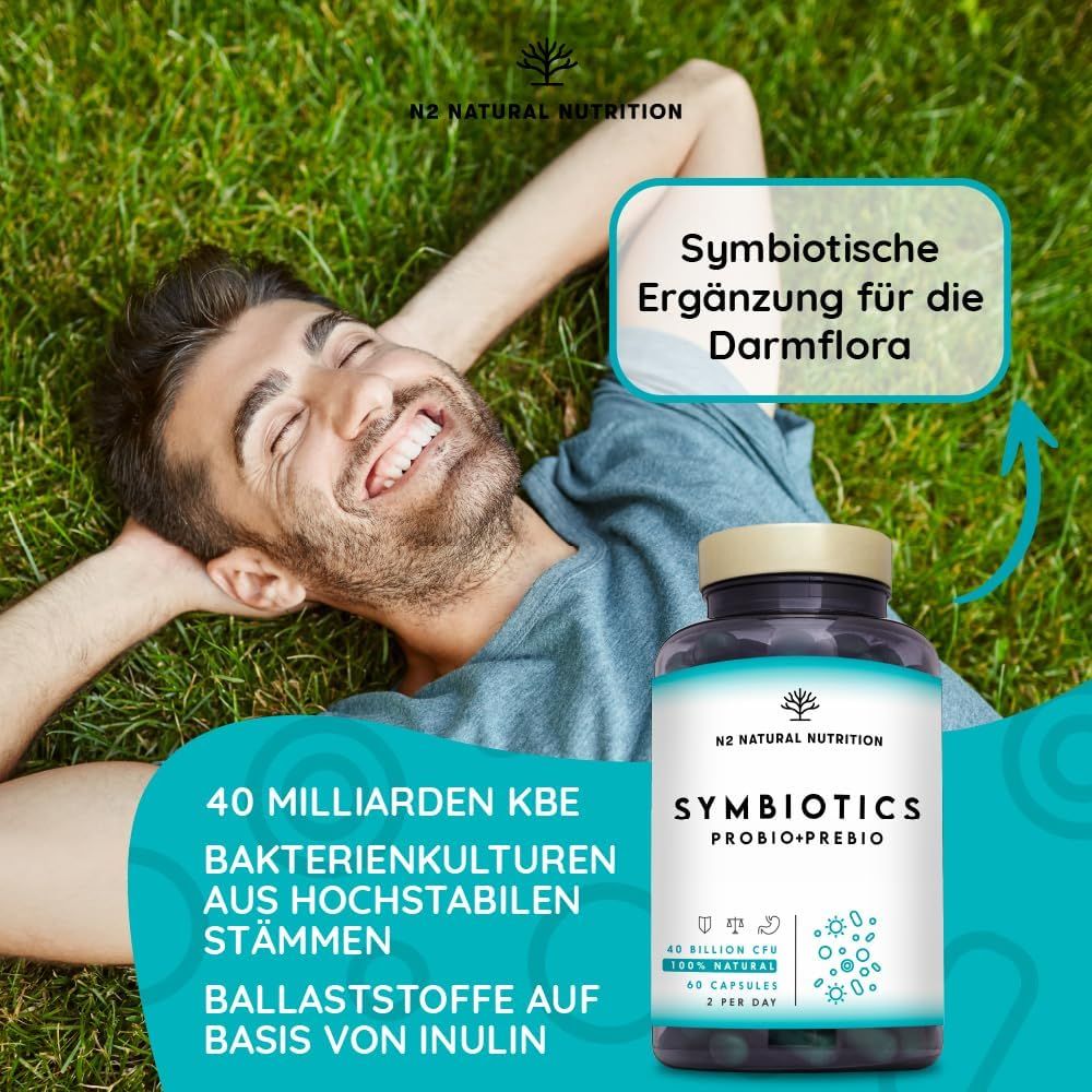 Uomo sull'erba. Flacone Symbiotics Probio+Prebio. 40 miliardi di UFC, fibre a base di inulina.