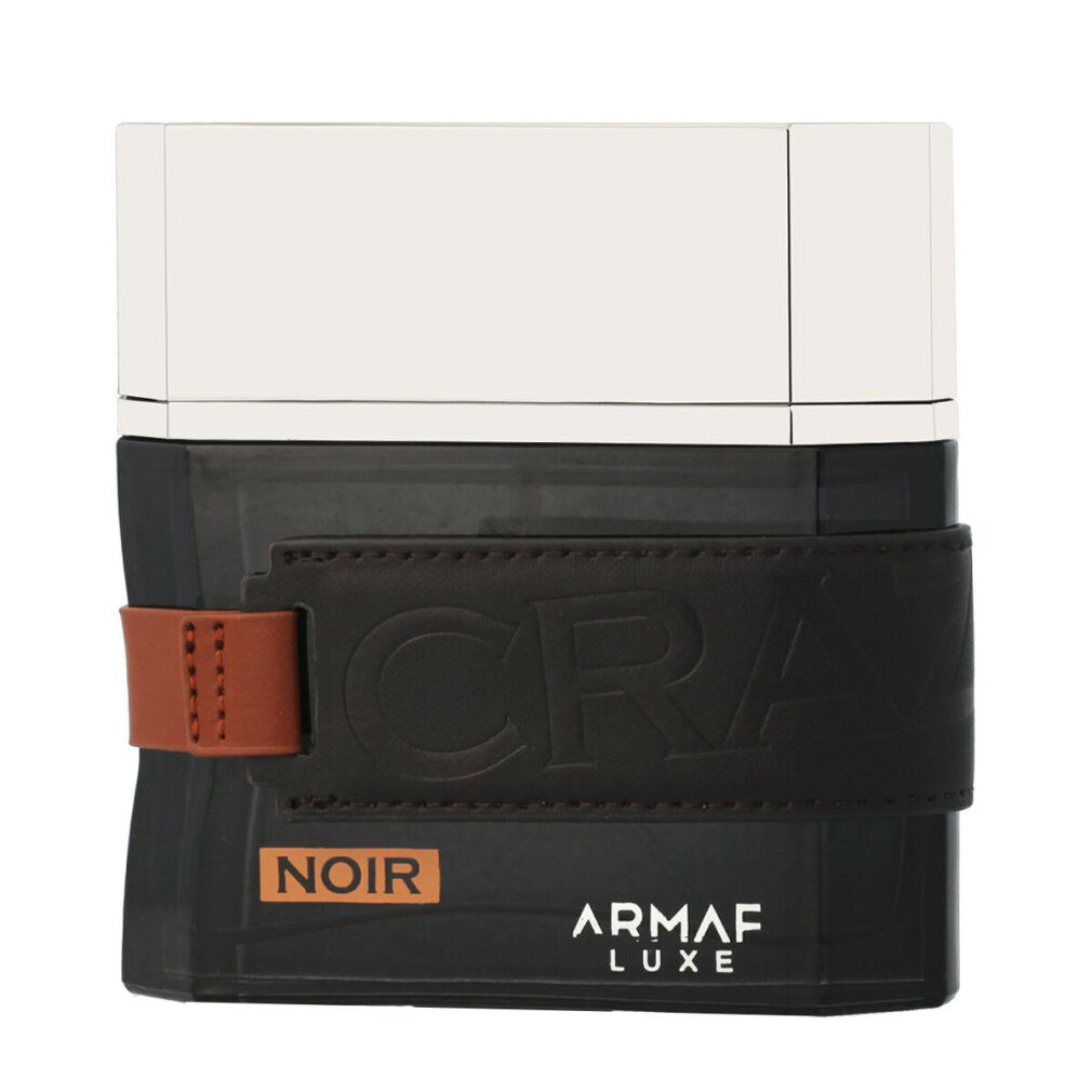 Flacone nero con cinturino in pelle marrone e tappo argentato. Scritta: Noir, Armaf Luxe.