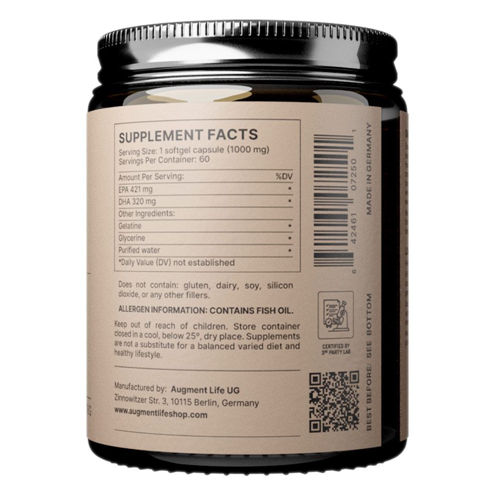 Etichetta con informazioni nutrizionali, ingredienti e dati del produttore. Contiene olio di pesce.