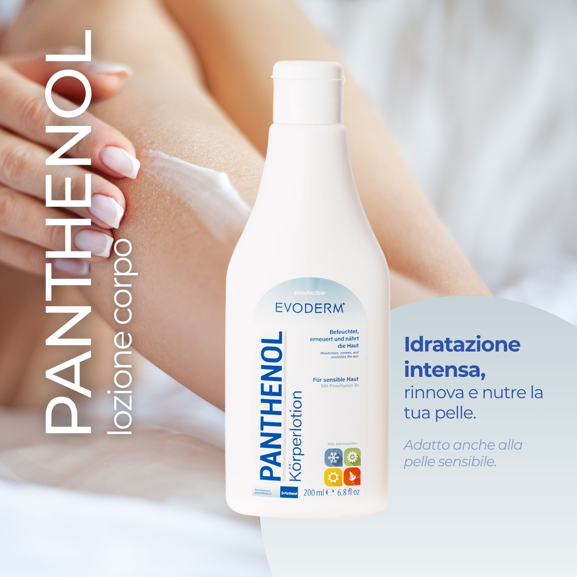EVODERM Panthenol lozione corpo. Flacone bianco. Testo: Panthenol lozione corpo. Per pelli sensibili. 200 ml.
