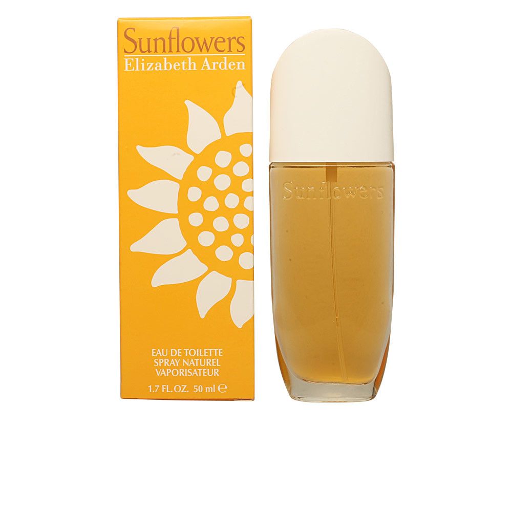 Scatola e flacone gialli. Sulla scatola: Sunflowers, Elizabeth Arden, design girasole. Flacone: liquido giallo, tappo bianco.