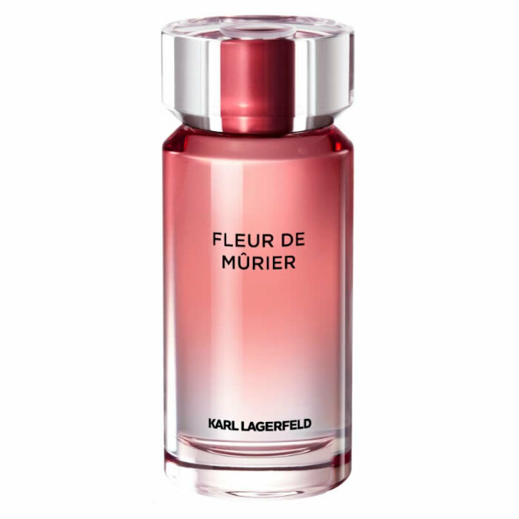 Flacone di profumo. Scritta: Fleur de Mûrier, Karl Lagerfeld. Sfumatura da rosa a trasparente. Tappo trasparente.