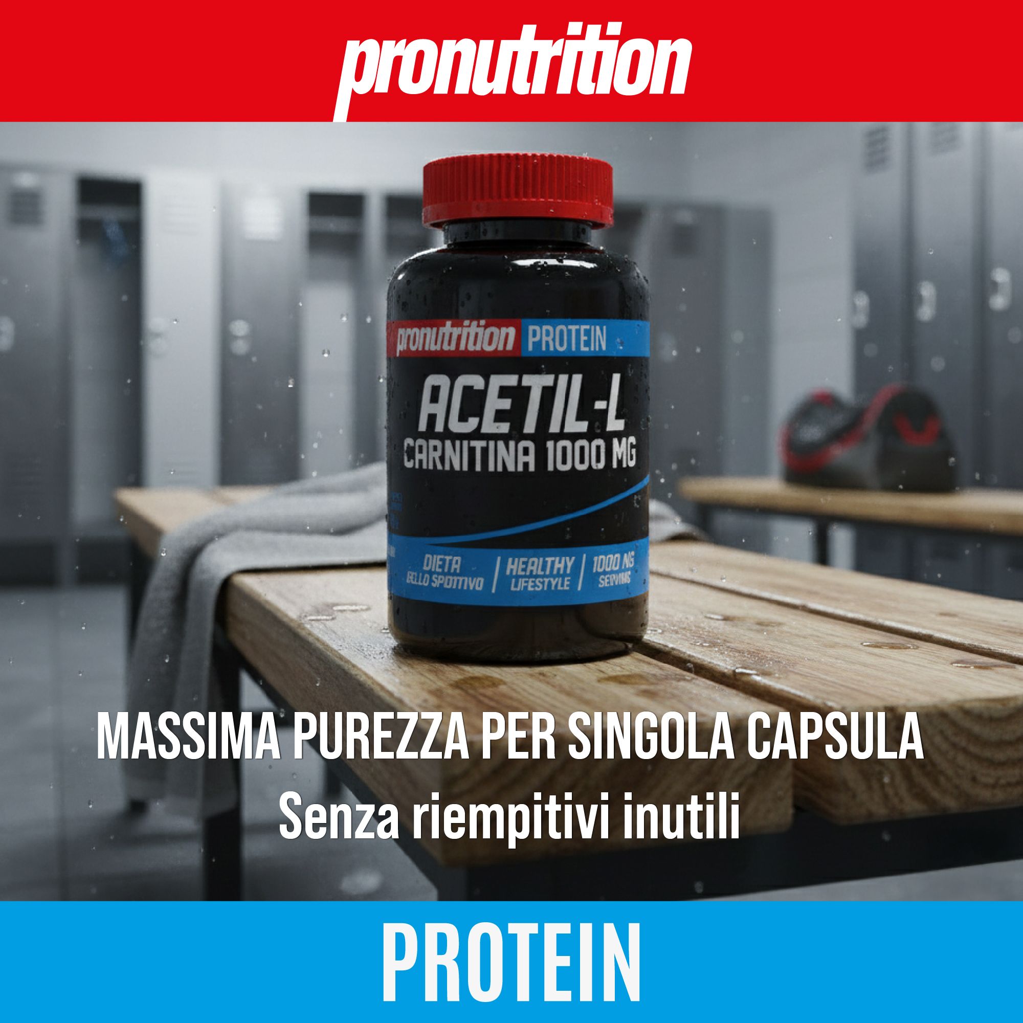 Flacone nero con tappo rosso. Scritta: Acetil-L Carnitina 1000 MG. Su una panca di legno in uno spogliatoio.