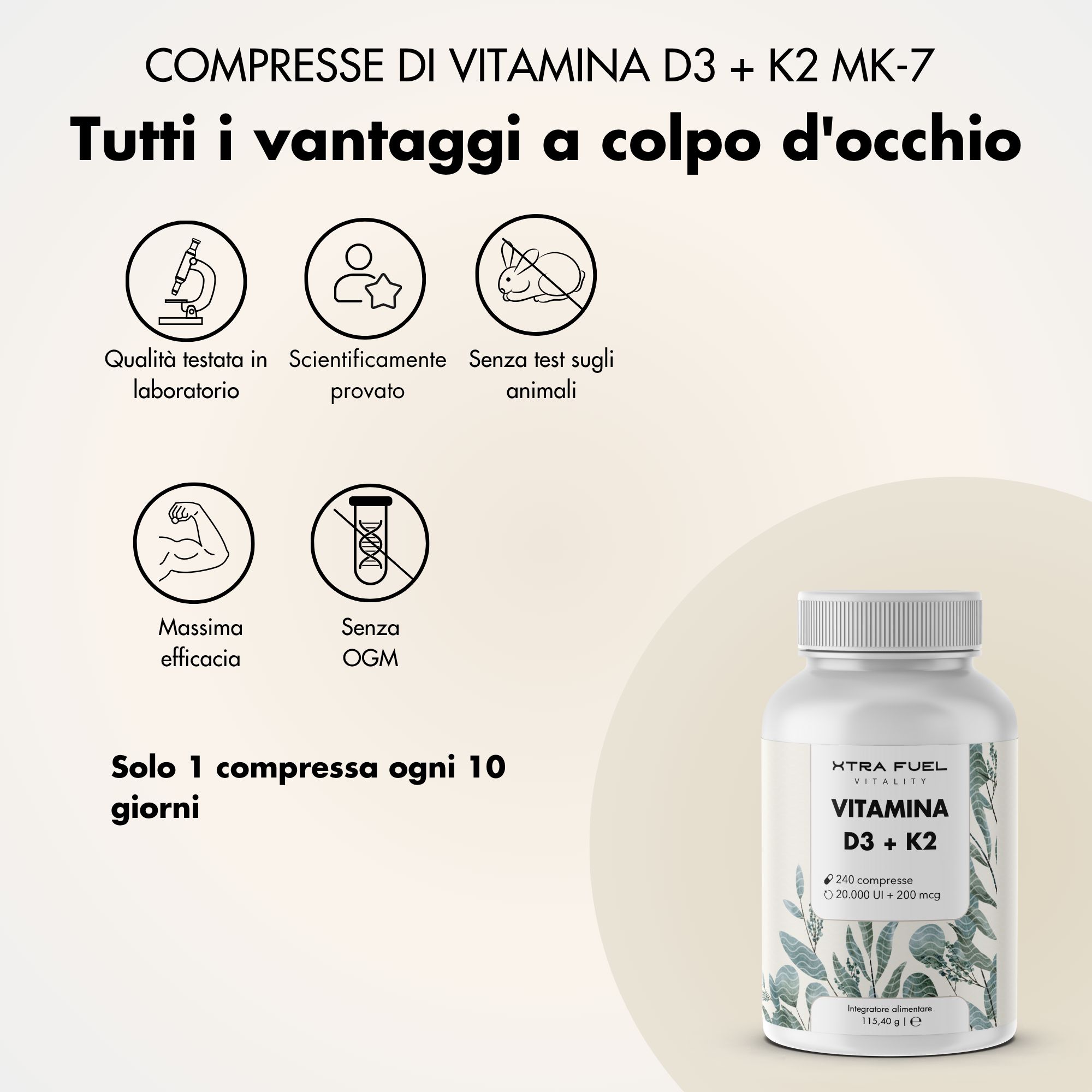 Tre immagini: donna a letto, uomo in spiaggia, donna con frullatore. Per un maggiore benessere nella vita quotidiana. Vitamina D3 + K2.